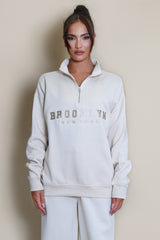Brooklyn Half Zip Relaxed Fit Sweatshirt in Beige