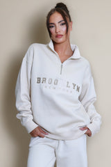 Brooklyn Half Zip Relaxed Fit Sweatshirt in Beige