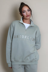Brooklyn Half Zip Relaxed Fit Sweatshirt in Sage Green