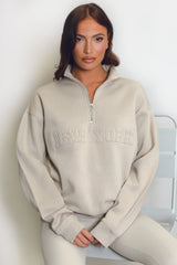 New York Embossed Zip Sweatshirt In Beige