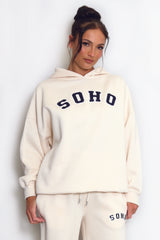 SOHO Slogan Hooded Sweatshirt in Beige