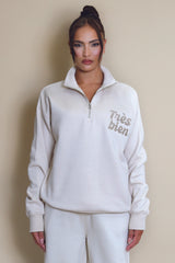 Tres Bien Half Zip Relaxed Fit Sweatshirt In Beige