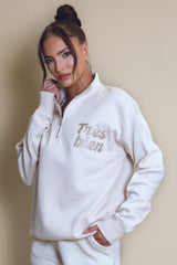 Tres Bien Half Zip Relaxed Fit Sweatshirt In Beige