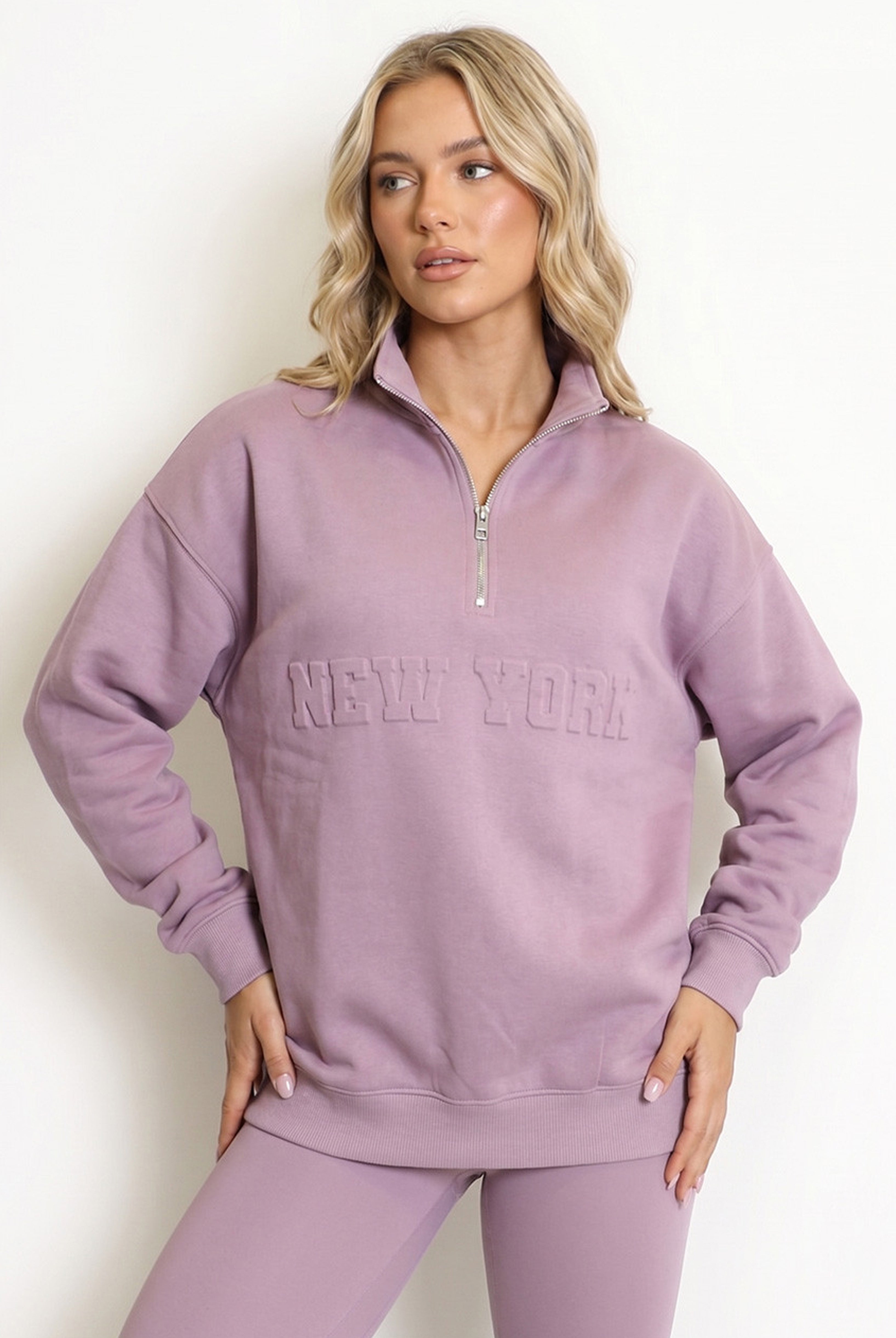 New York Embossed Zip Sweatshirt In Mauve