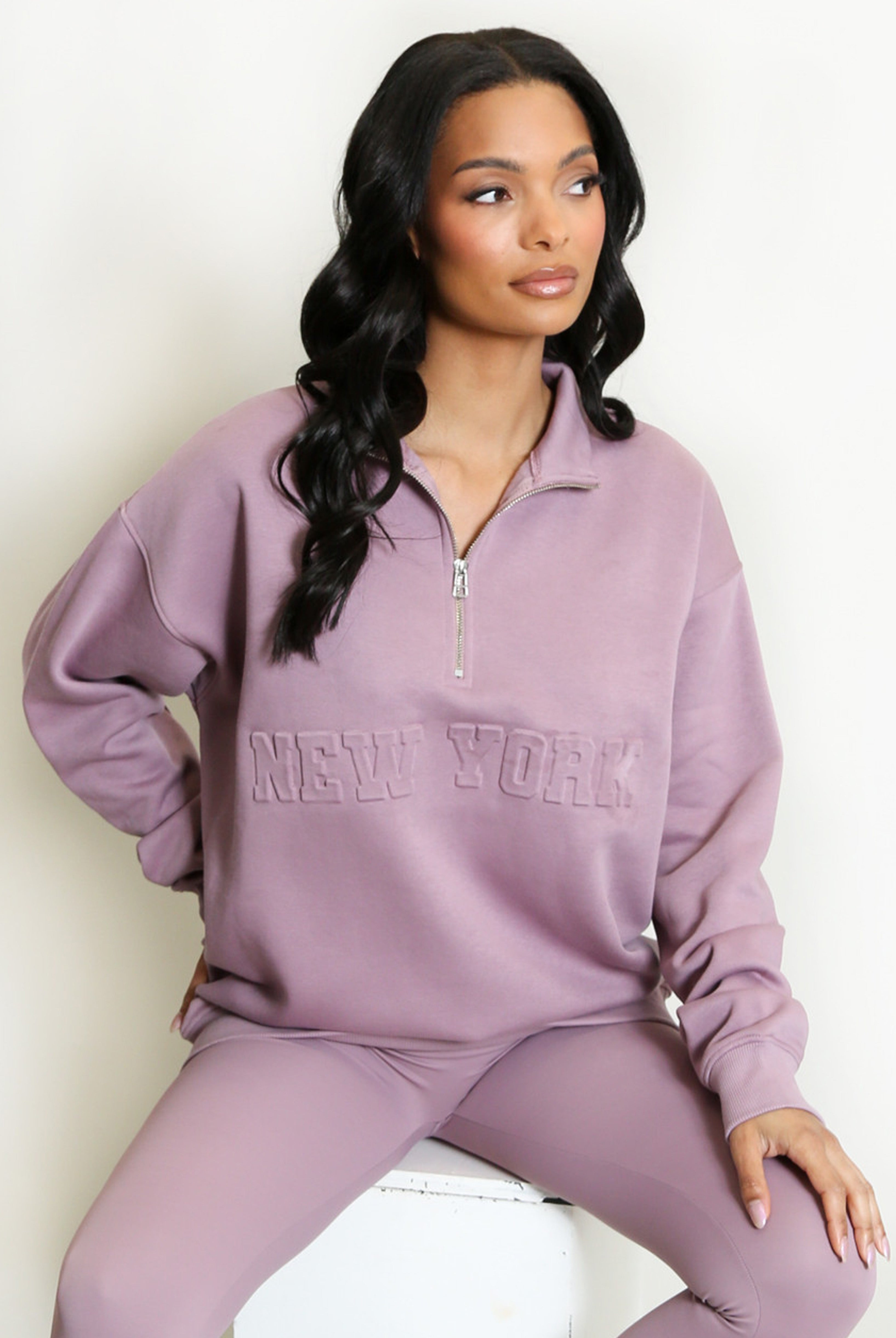 New York Embossed Zip Sweatshirt In Mauve
