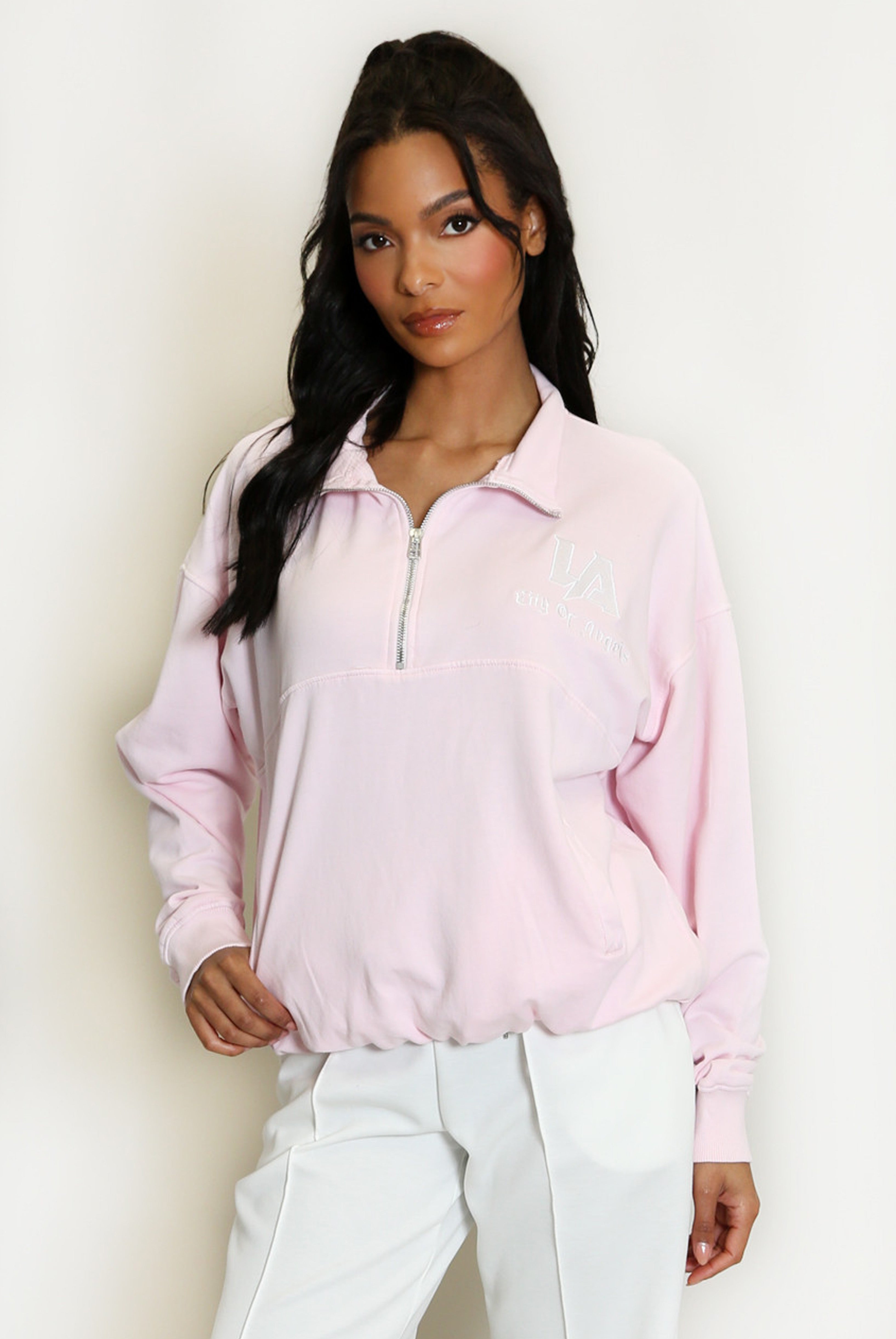 Half Zip LA Sweatshirt In Pink Acid Wash