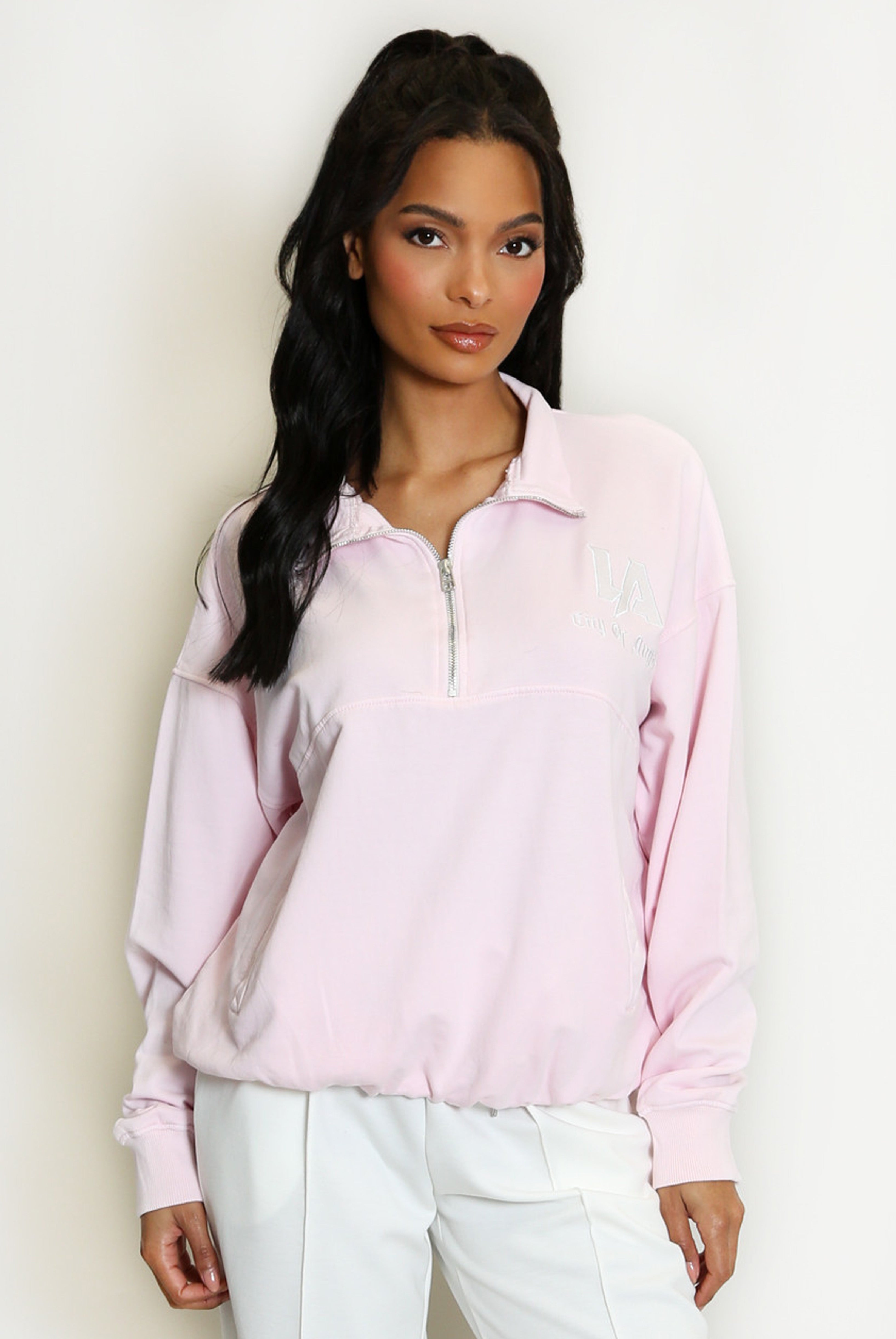 Half Zip LA Sweatshirt In Pink Acid Wash