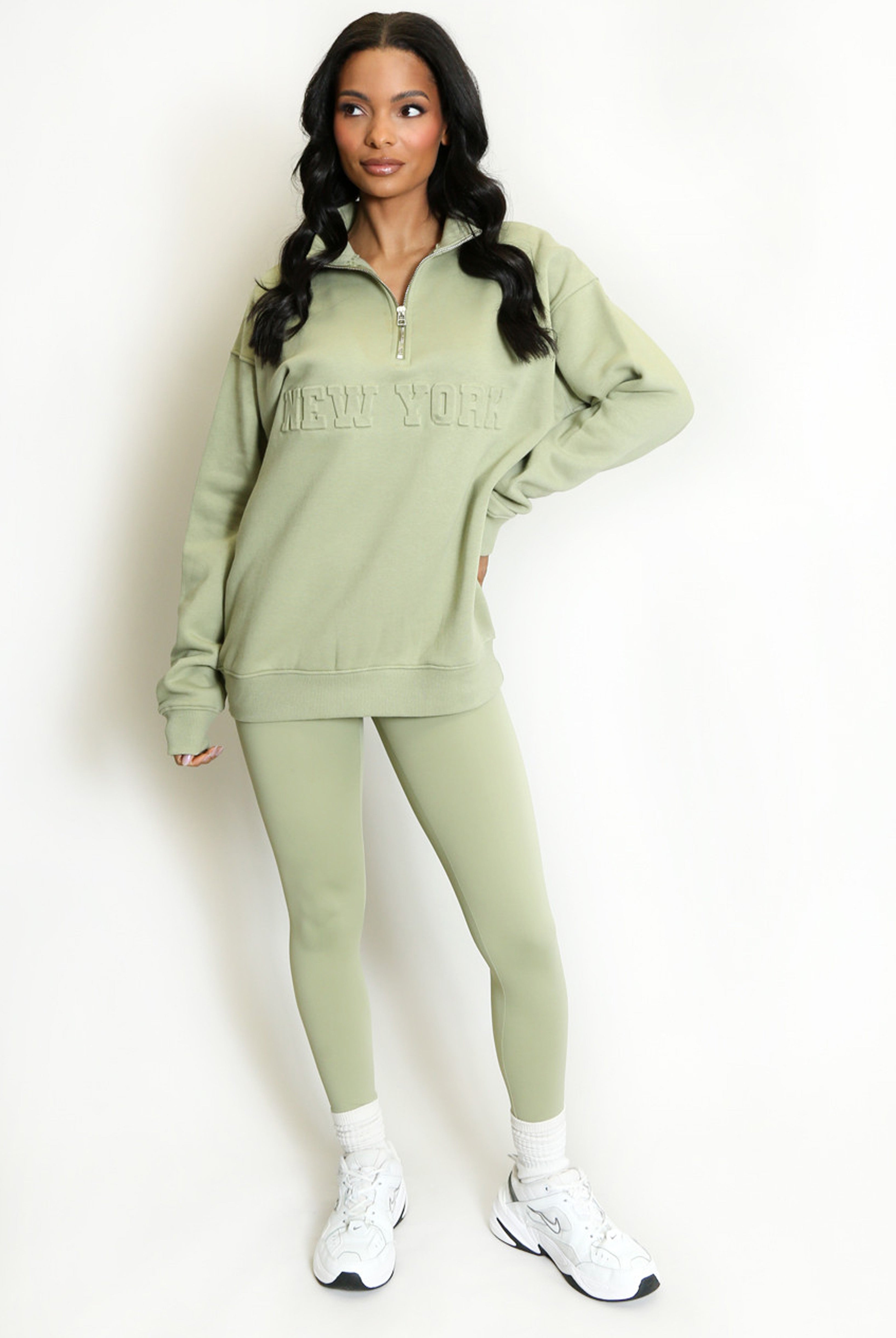 New York Embossed Zip Sweatshirt In Sage Green