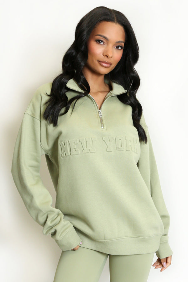 New York Embossed Zip Sweatshirt In Sage Green