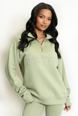 New York Embossed Zip Sweatshirt In Sage Green