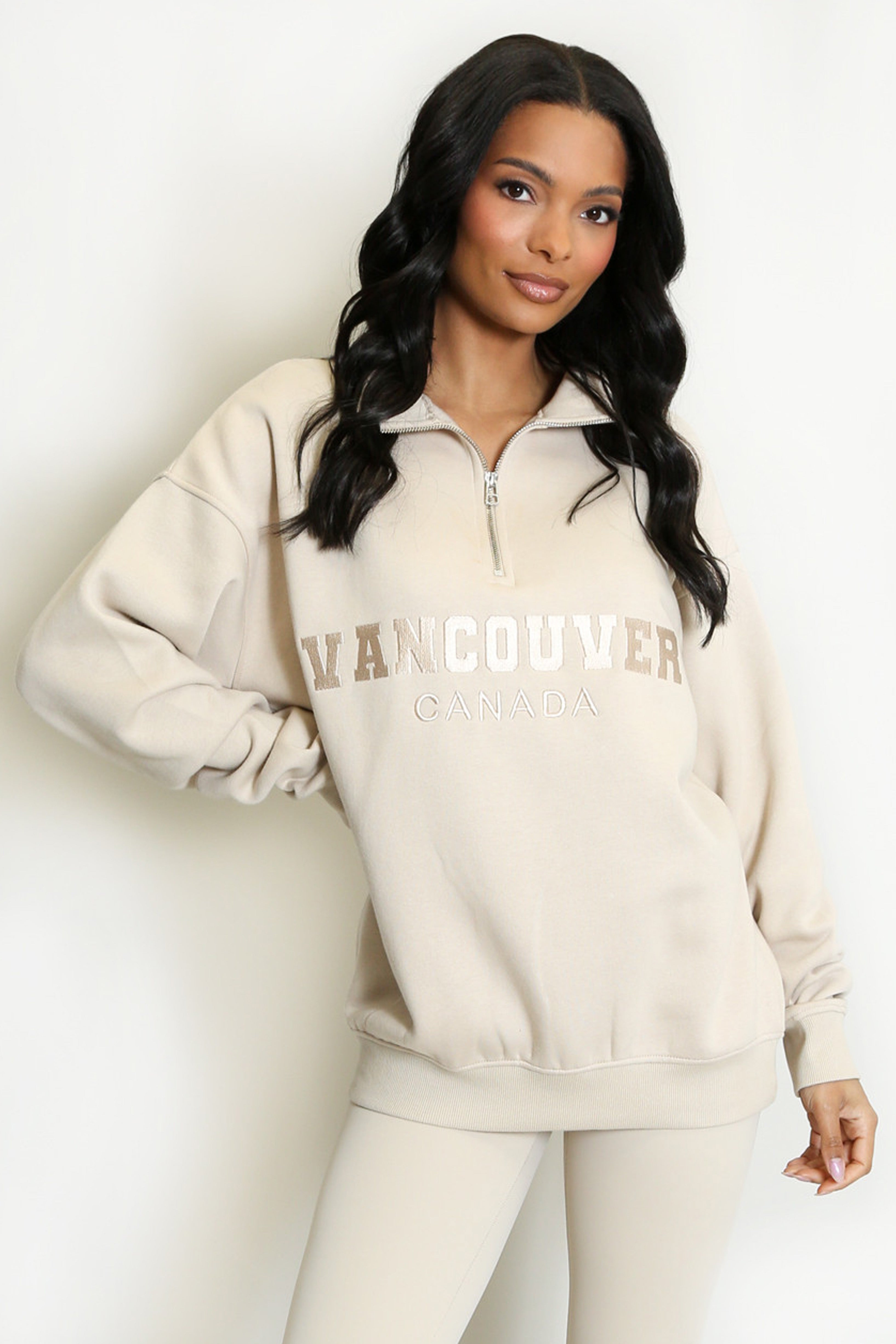 Vancouver Embroidered Zip Sweatshirt In Beige