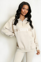 Vancouver Embroidered Zip Sweatshirt In Beige