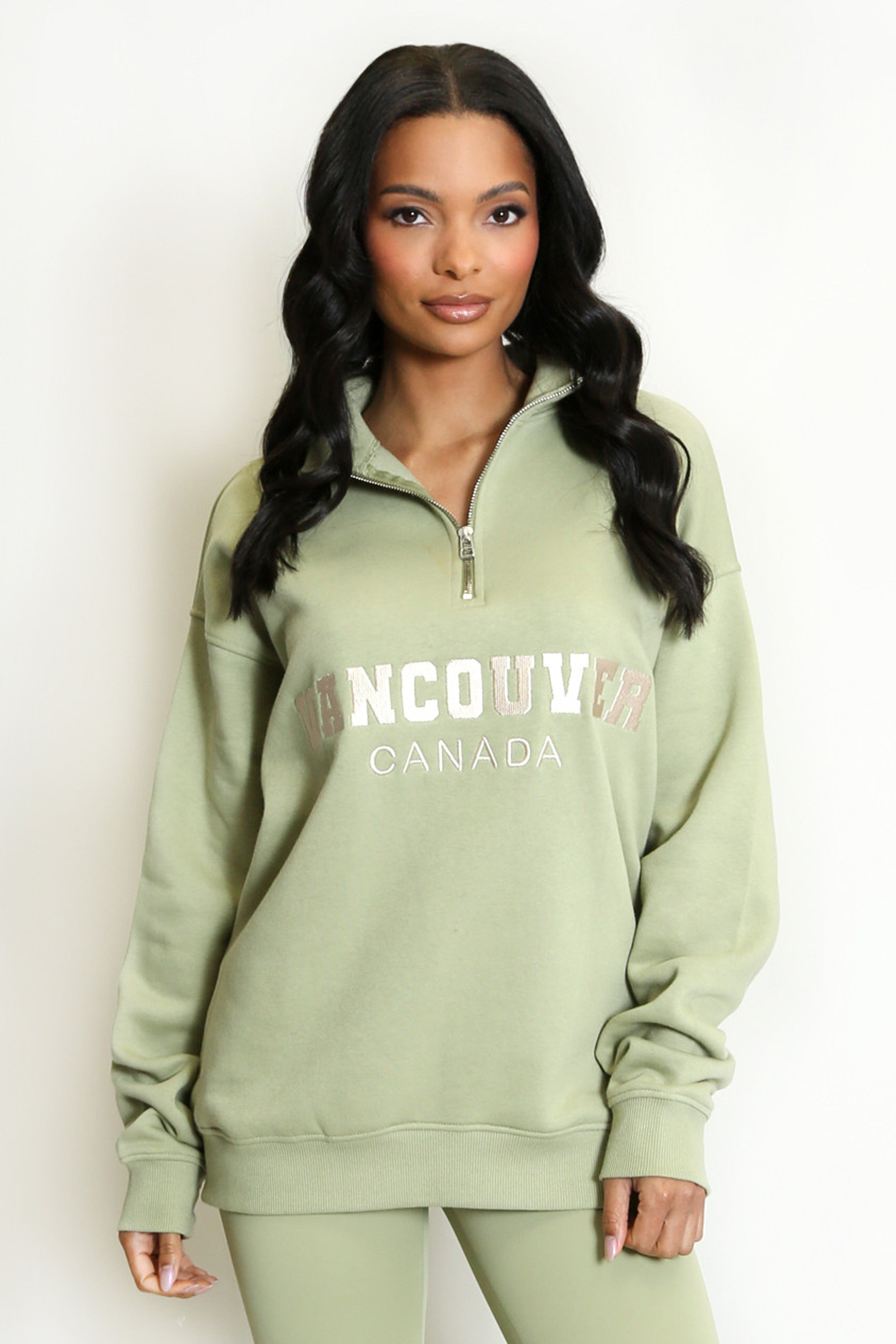 Vancouver Embroidered Zip Sweatshirt In Sage Green