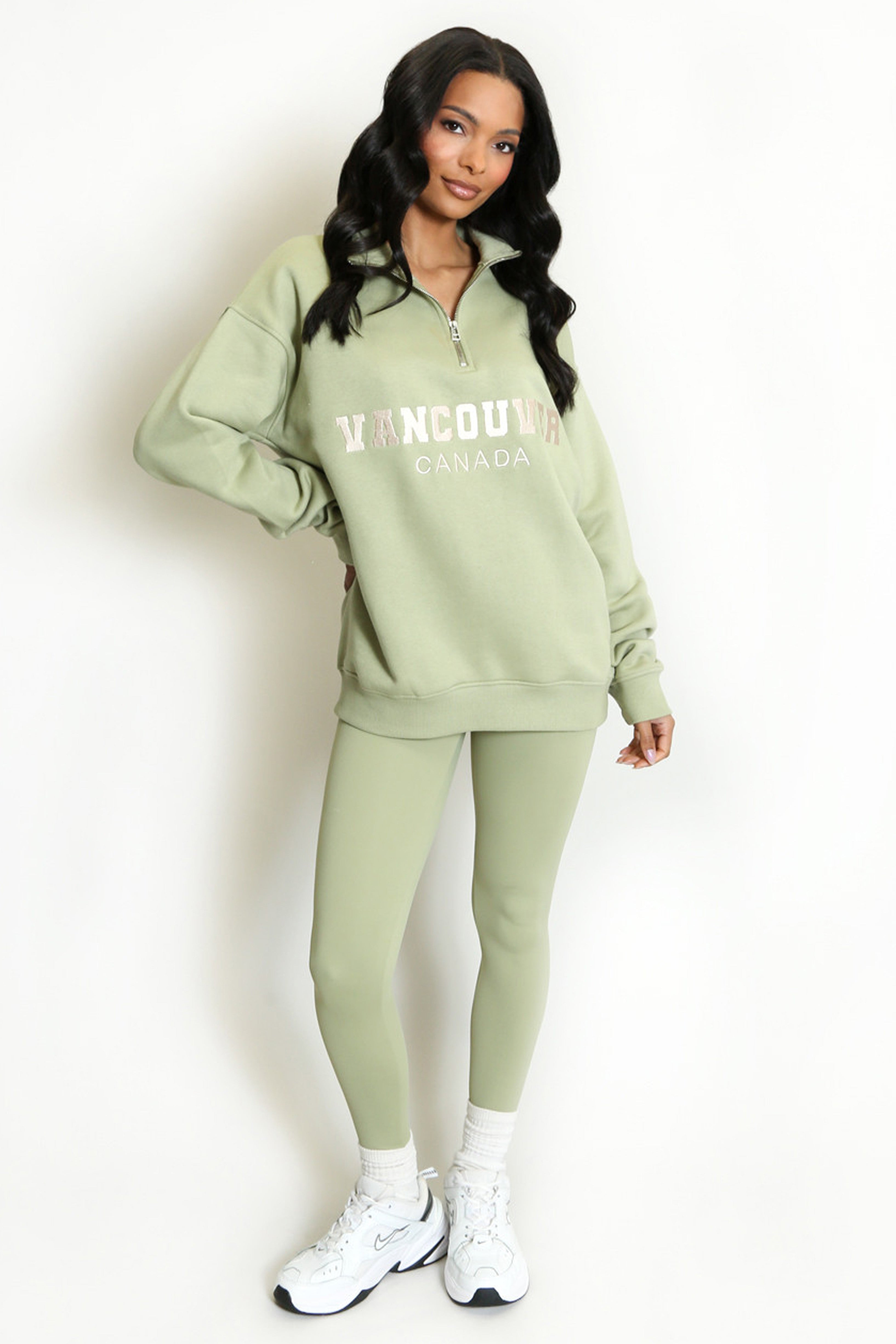 Vancouver Embroidered Zip Sweatshirt In Sage Green