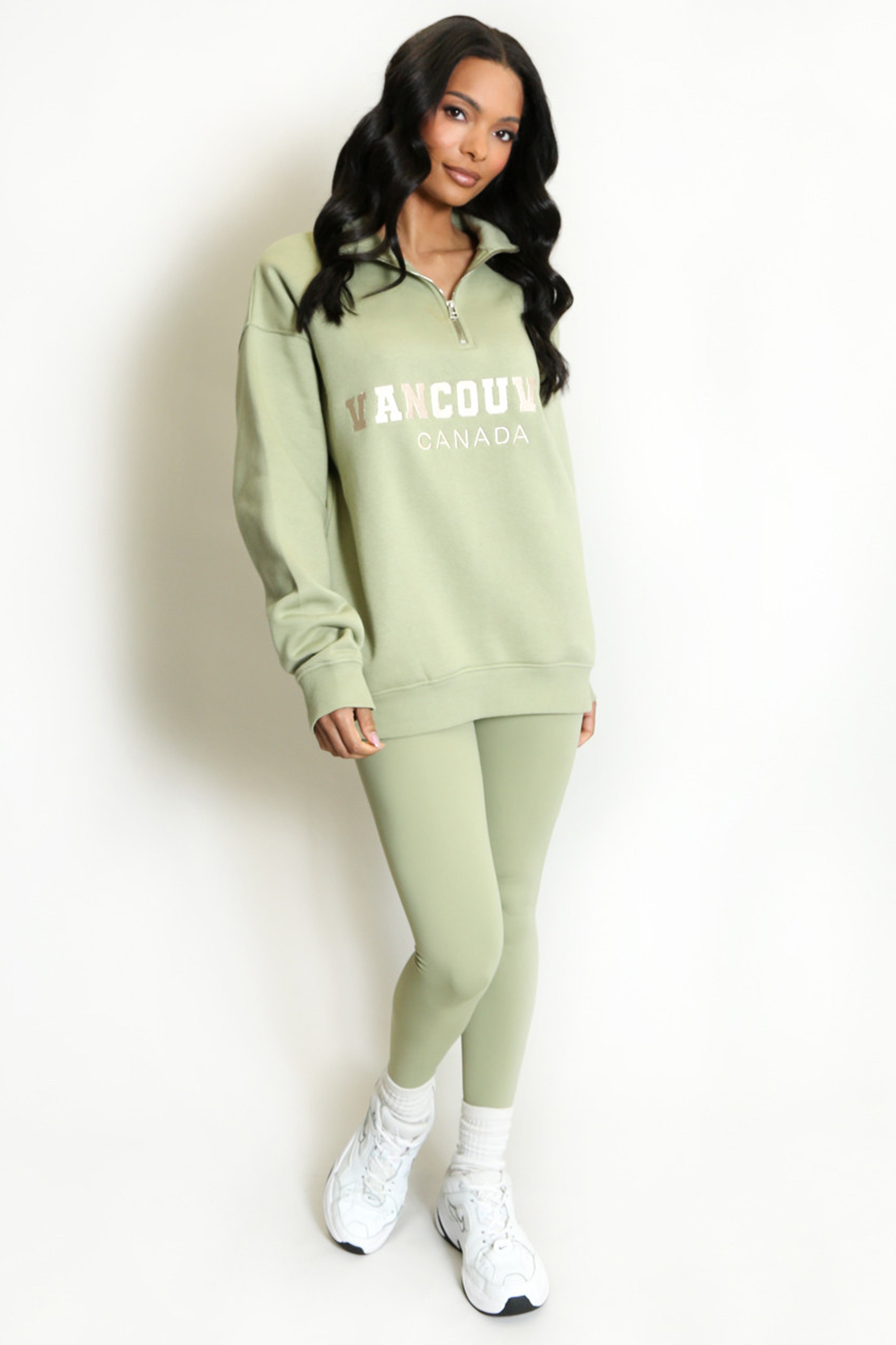 Vancouver Embroidered Zip Sweatshirt In Sage Green