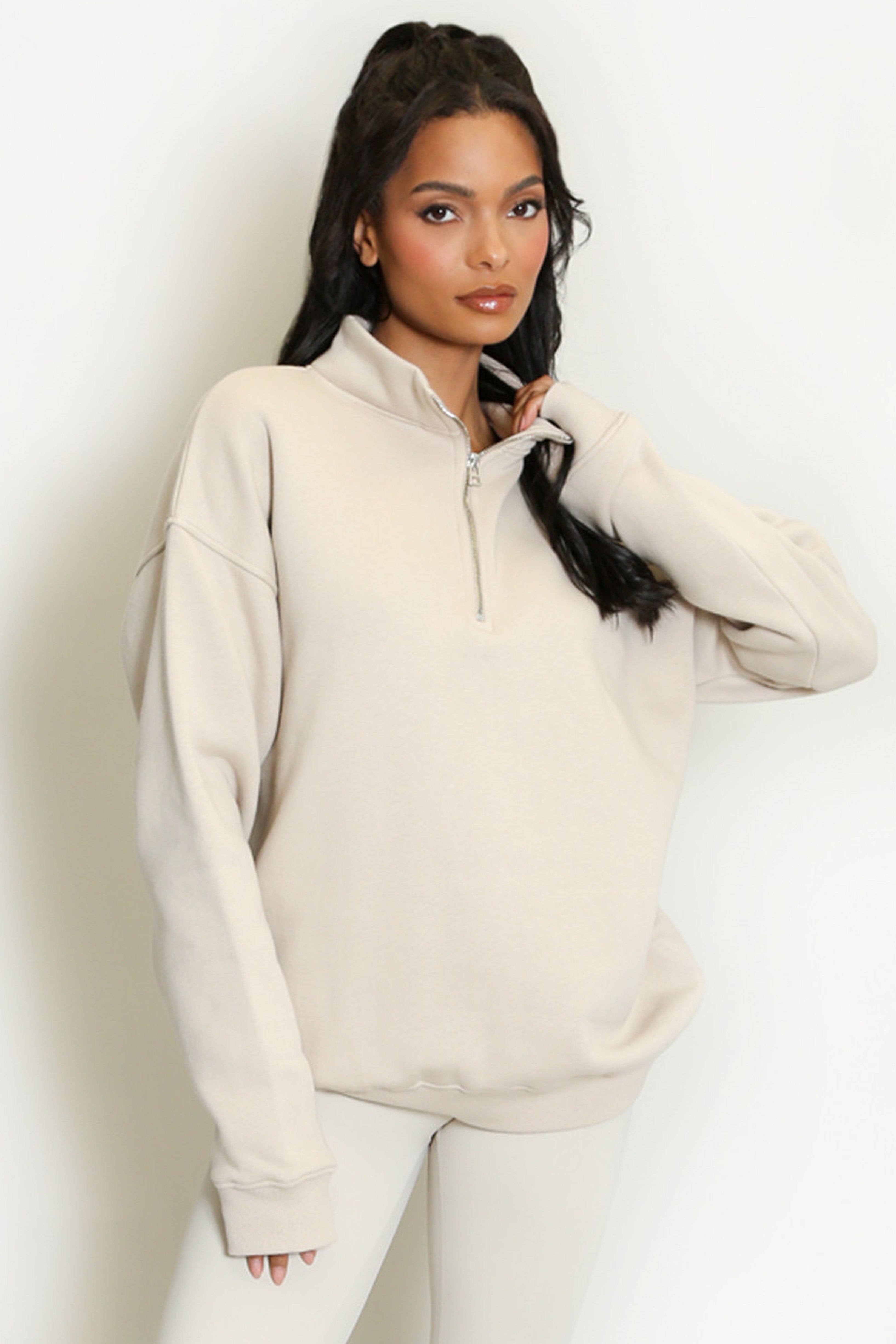 Half Zip Relaxed Fit Sweatshirt in Beige