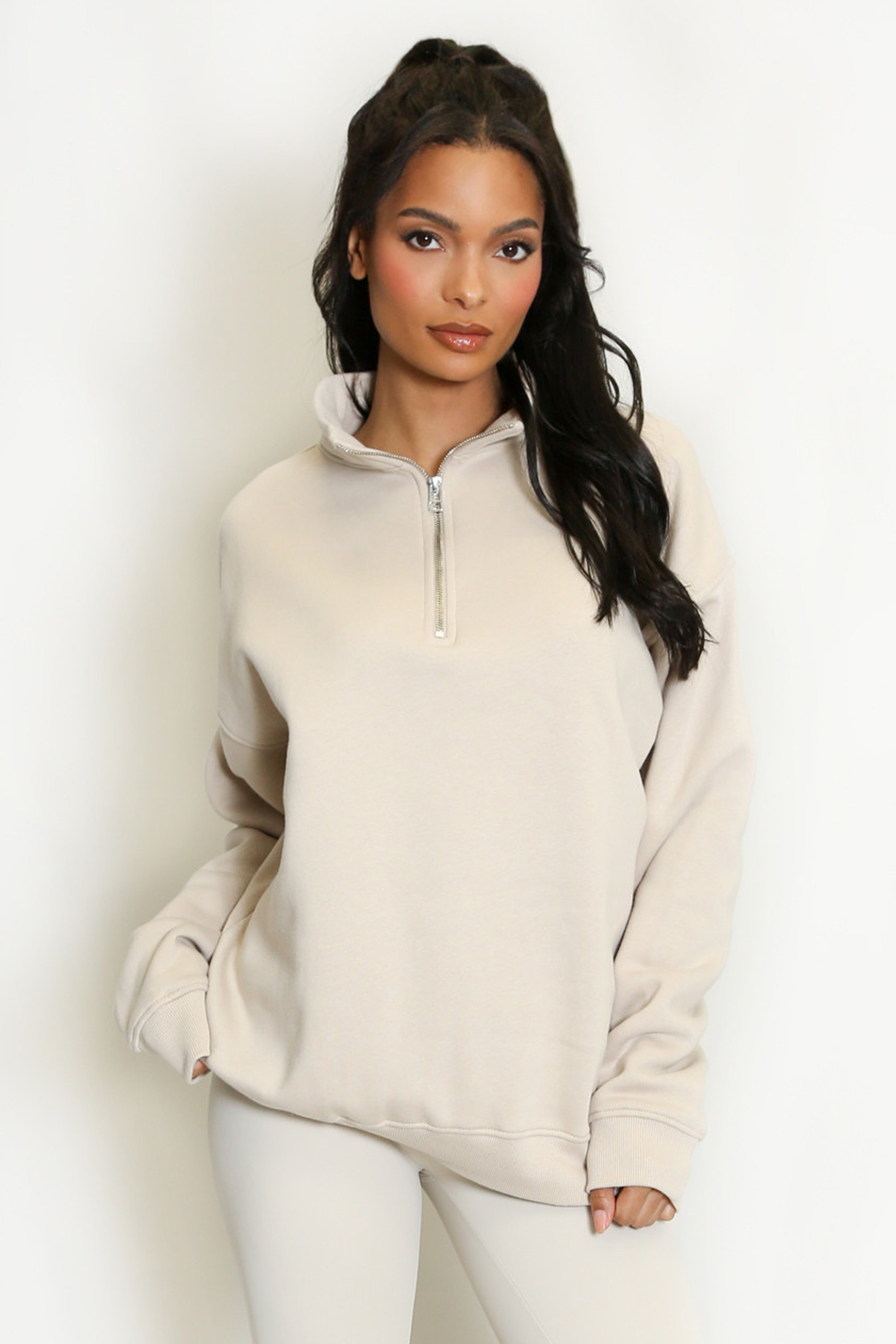 Half Zip Relaxed Fit Sweatshirt in Beige