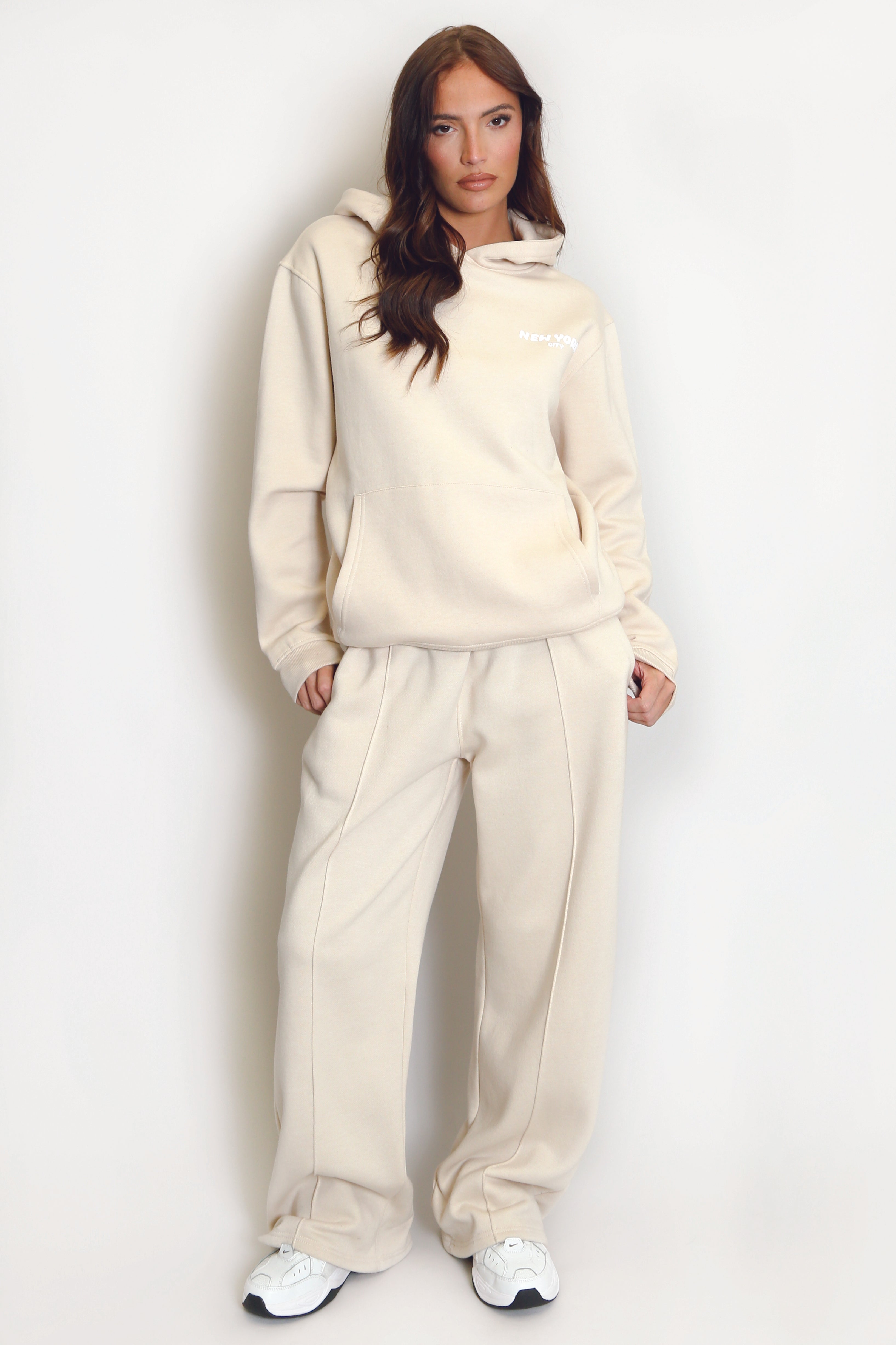 Beige New York Bubble Slogan Hooded Sweatshirt