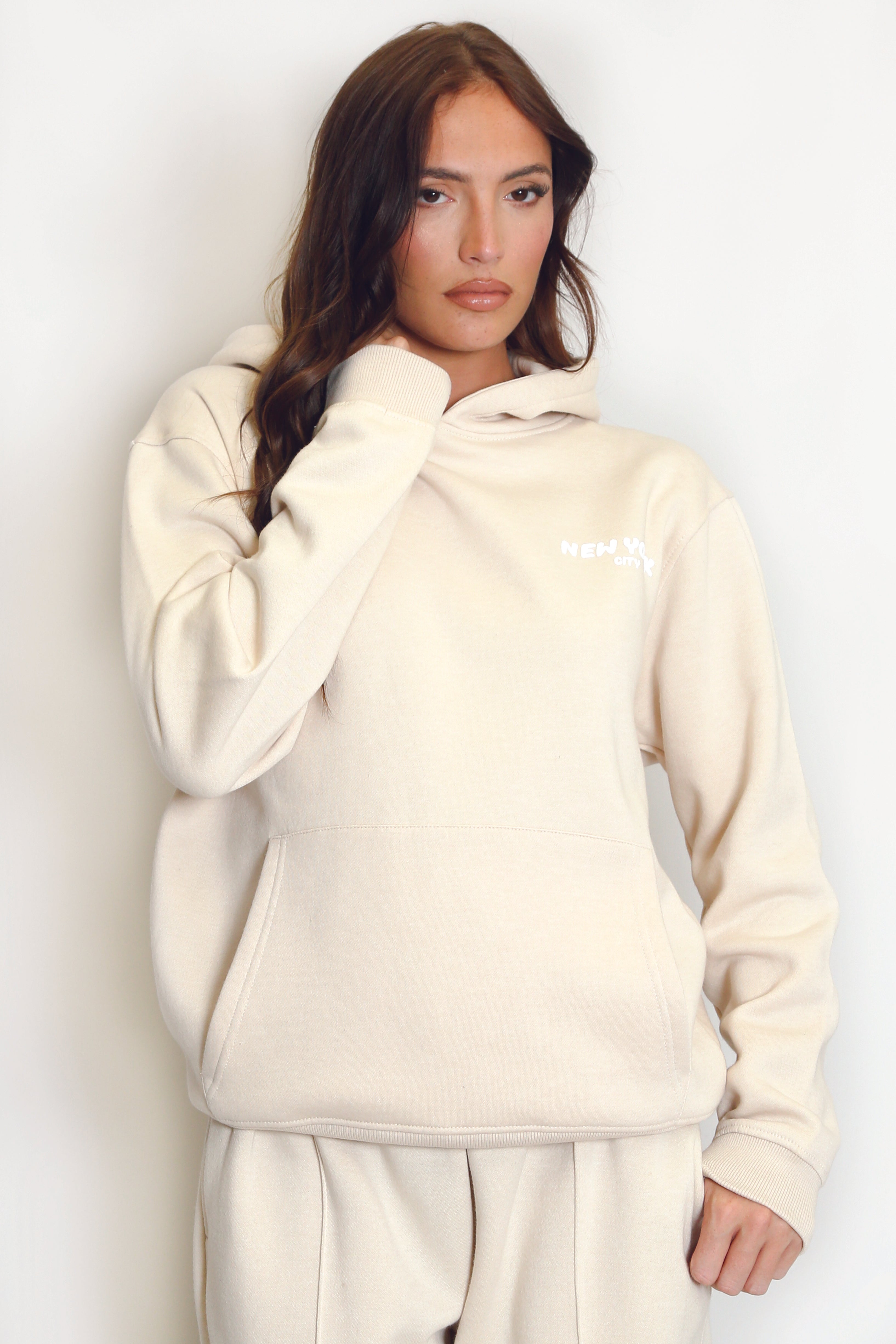 Beige New York Bubble Slogan Hooded Sweatshirt