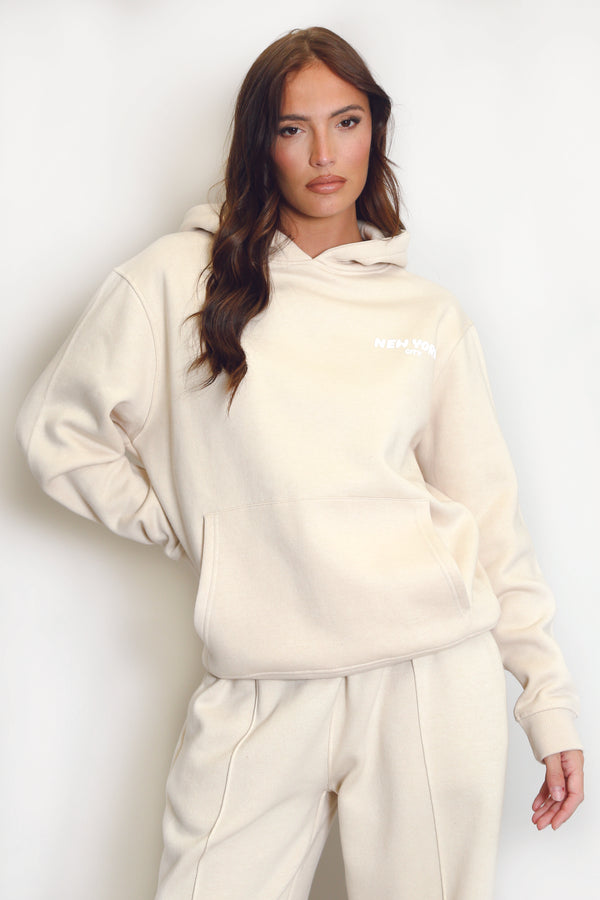 Beige New York Bubble Slogan Hooded Sweatshirt