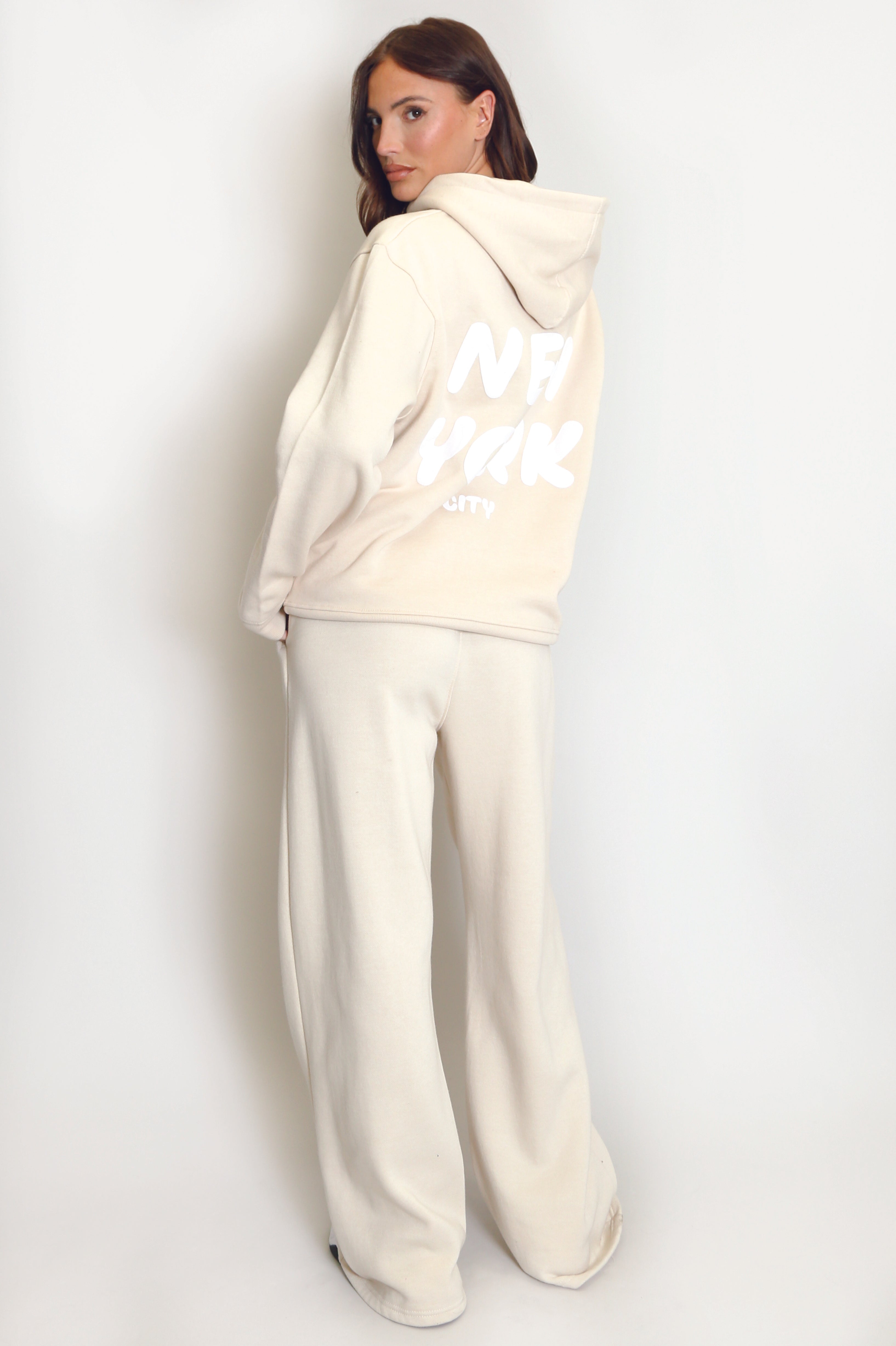 Beige New York Bubble Slogan Hooded Sweatshirt