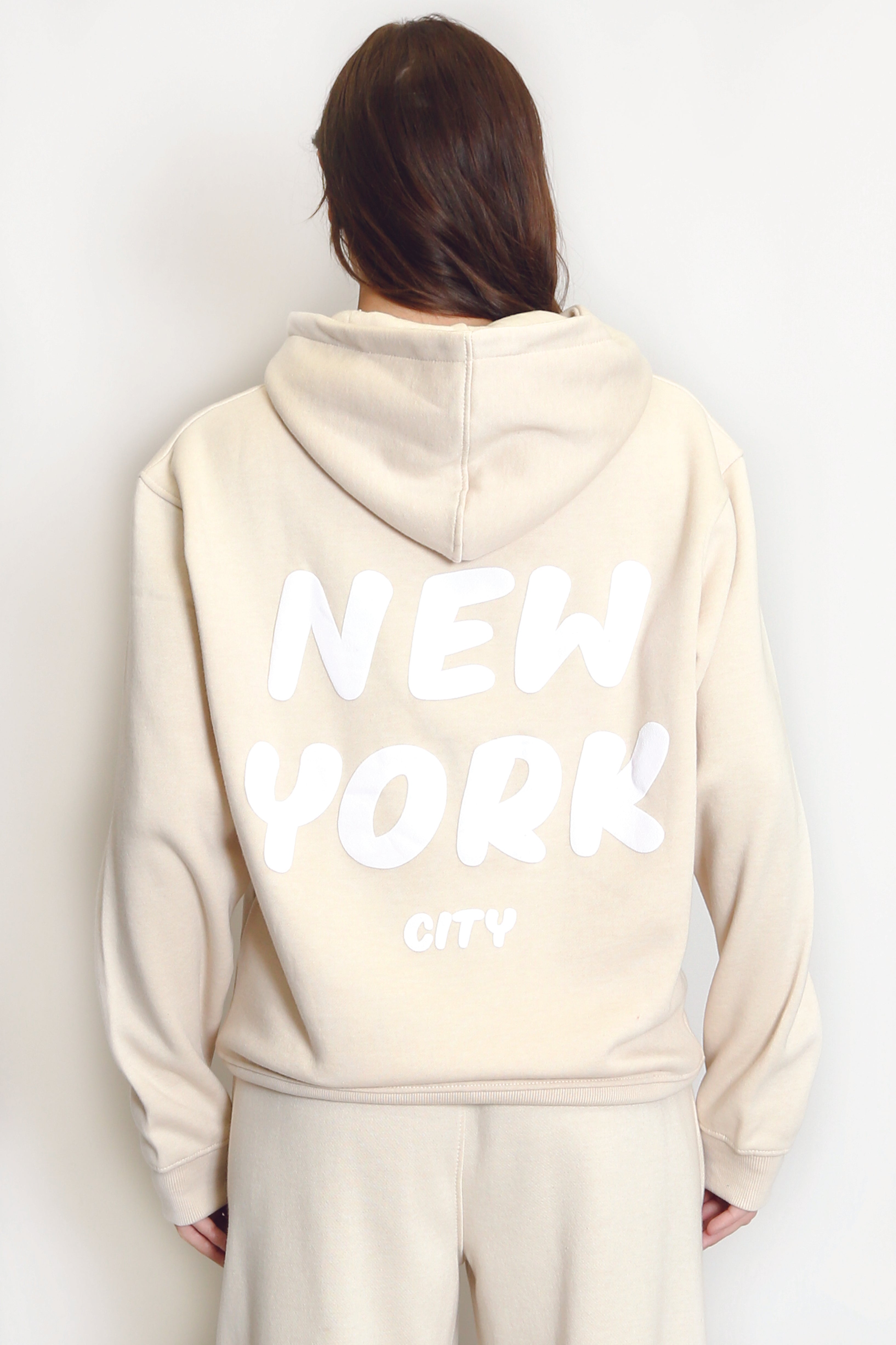 Beige New York Bubble Slogan Hooded Sweatshirt