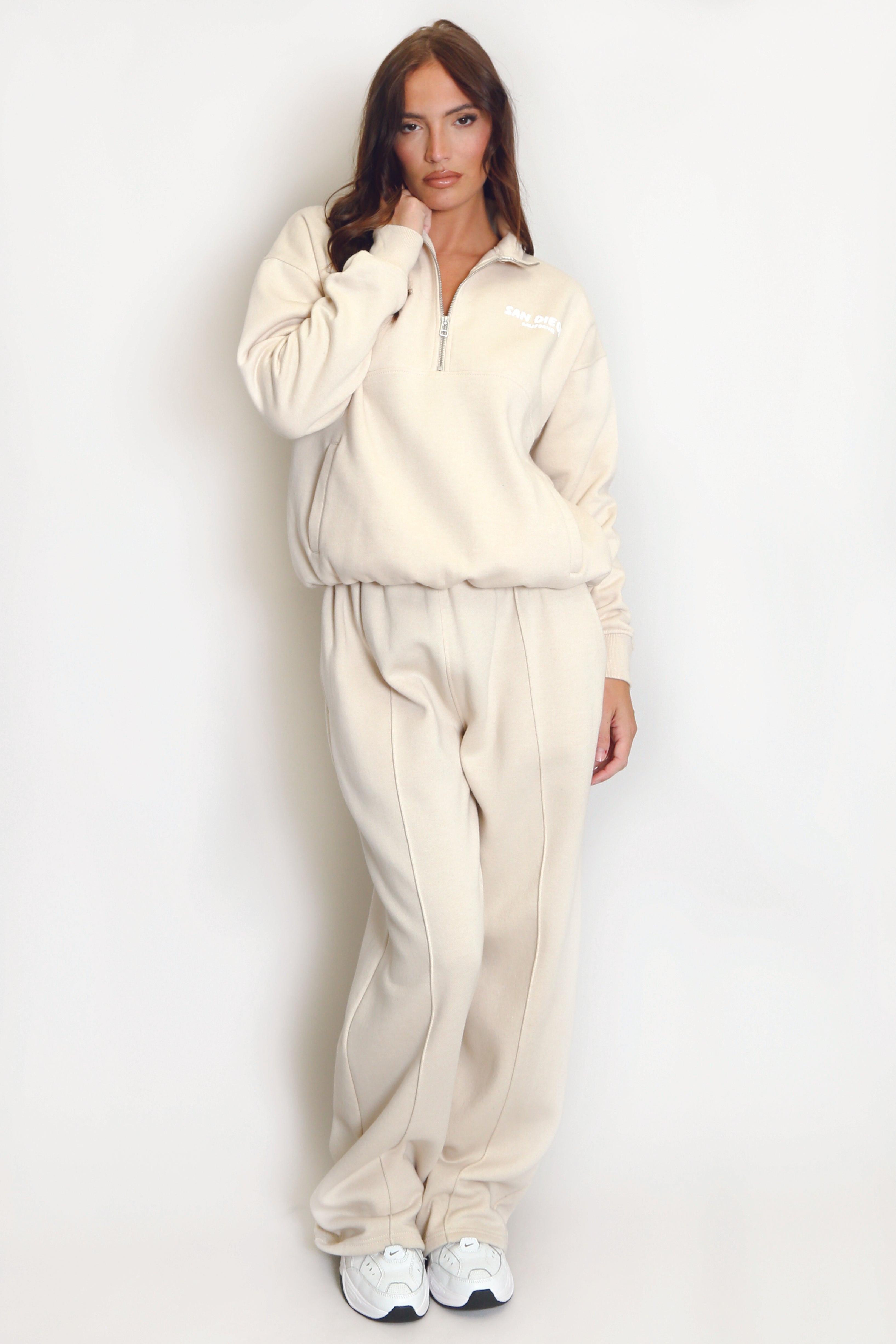 Beige San Diego Bubble Slogan Half Zip Sweatshirt