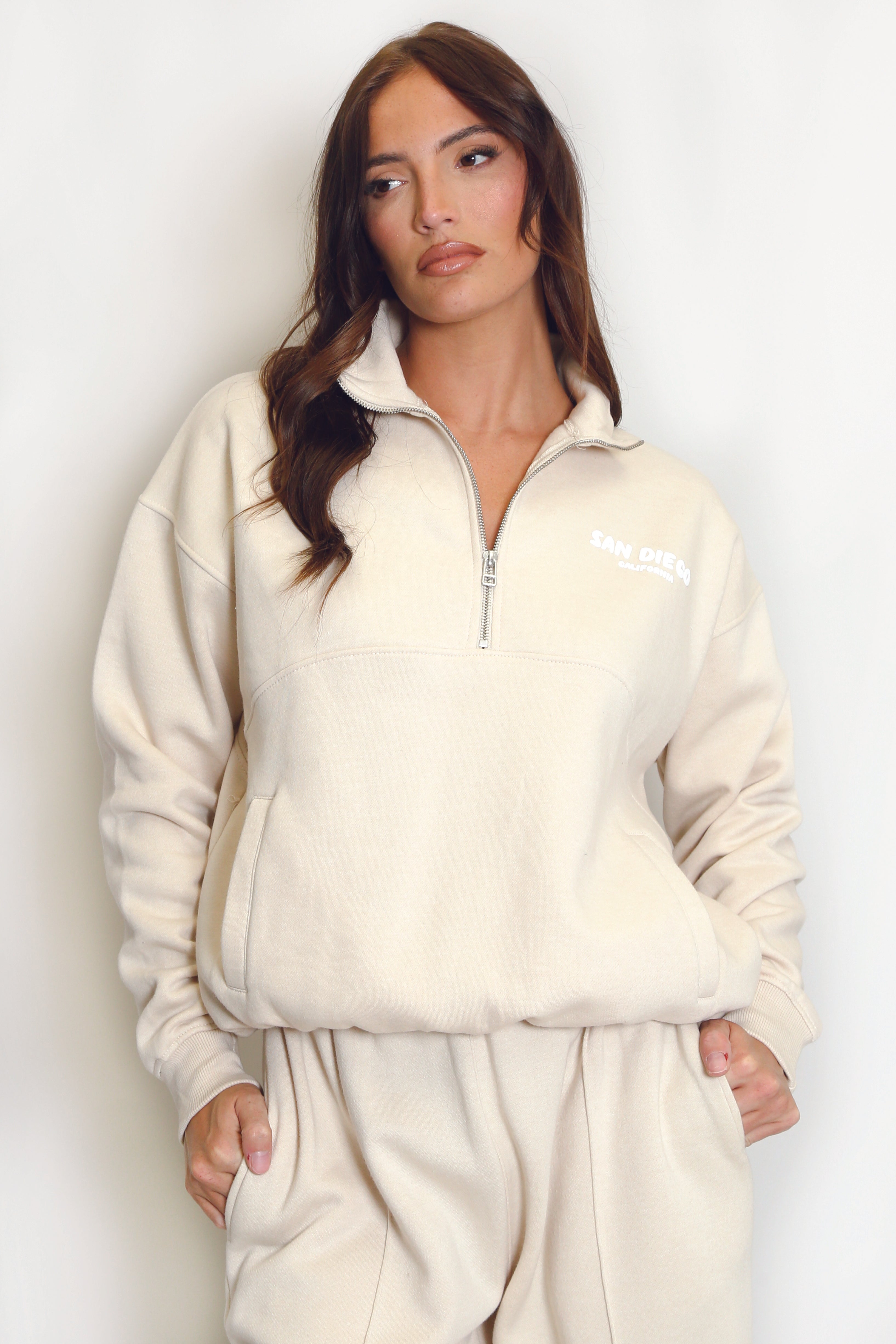 Beige San Diego Bubble Slogan Half Zip Sweatshirt