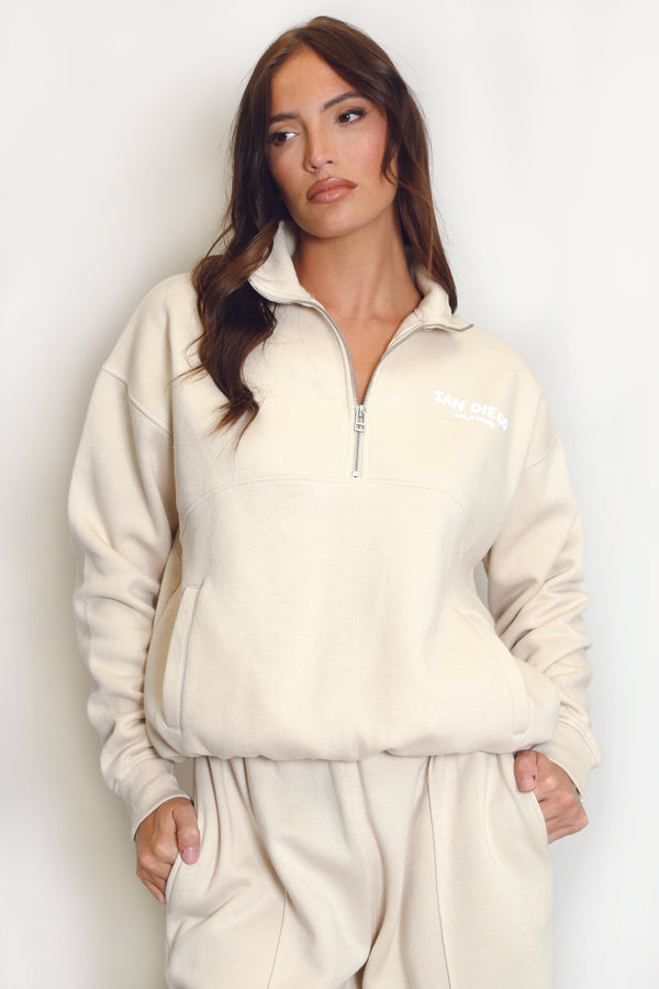 Beige San Diego Bubble Slogan Half Zip Sweatshirt