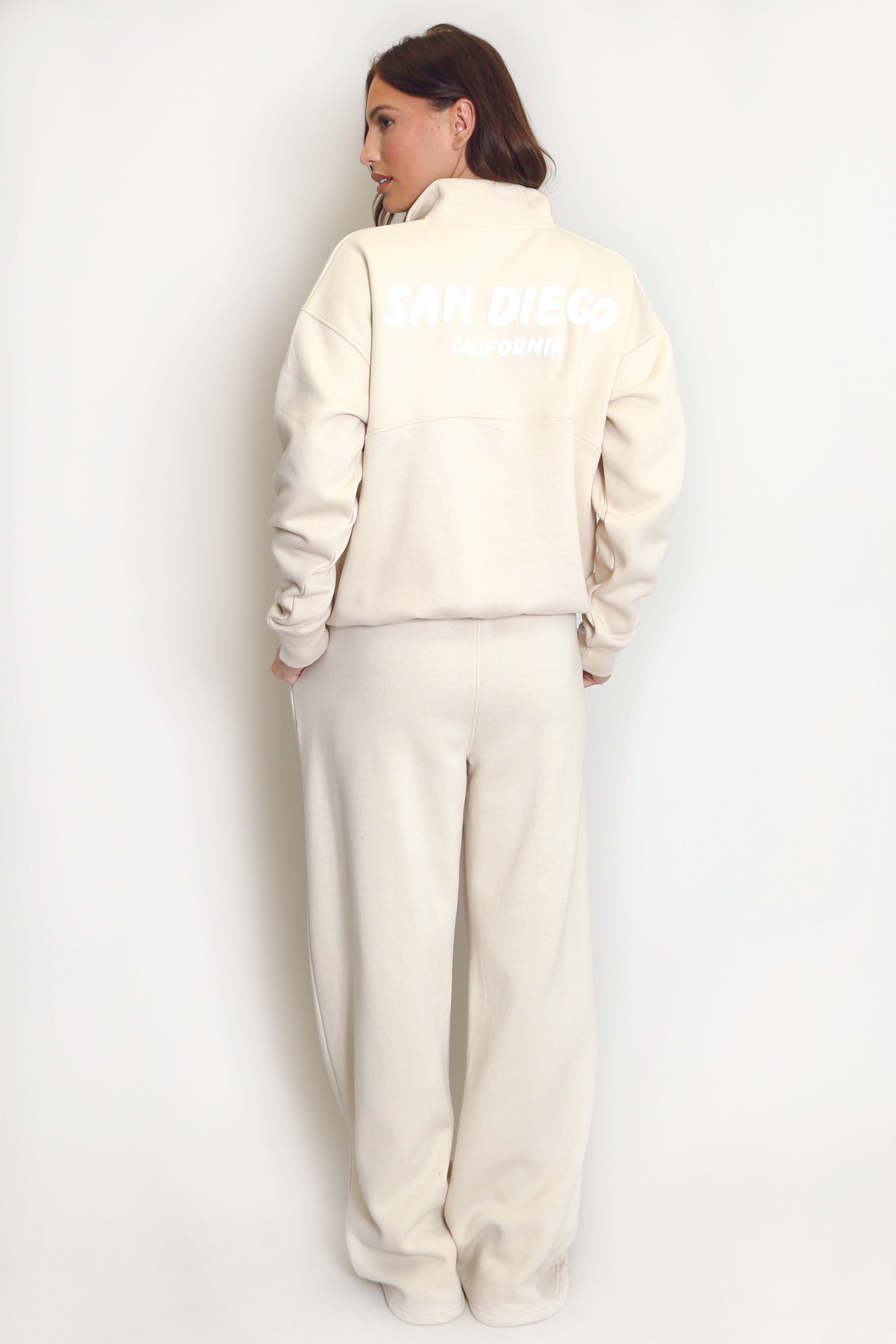 Beige San Diego Bubble Slogan Half Zip Sweatshirt