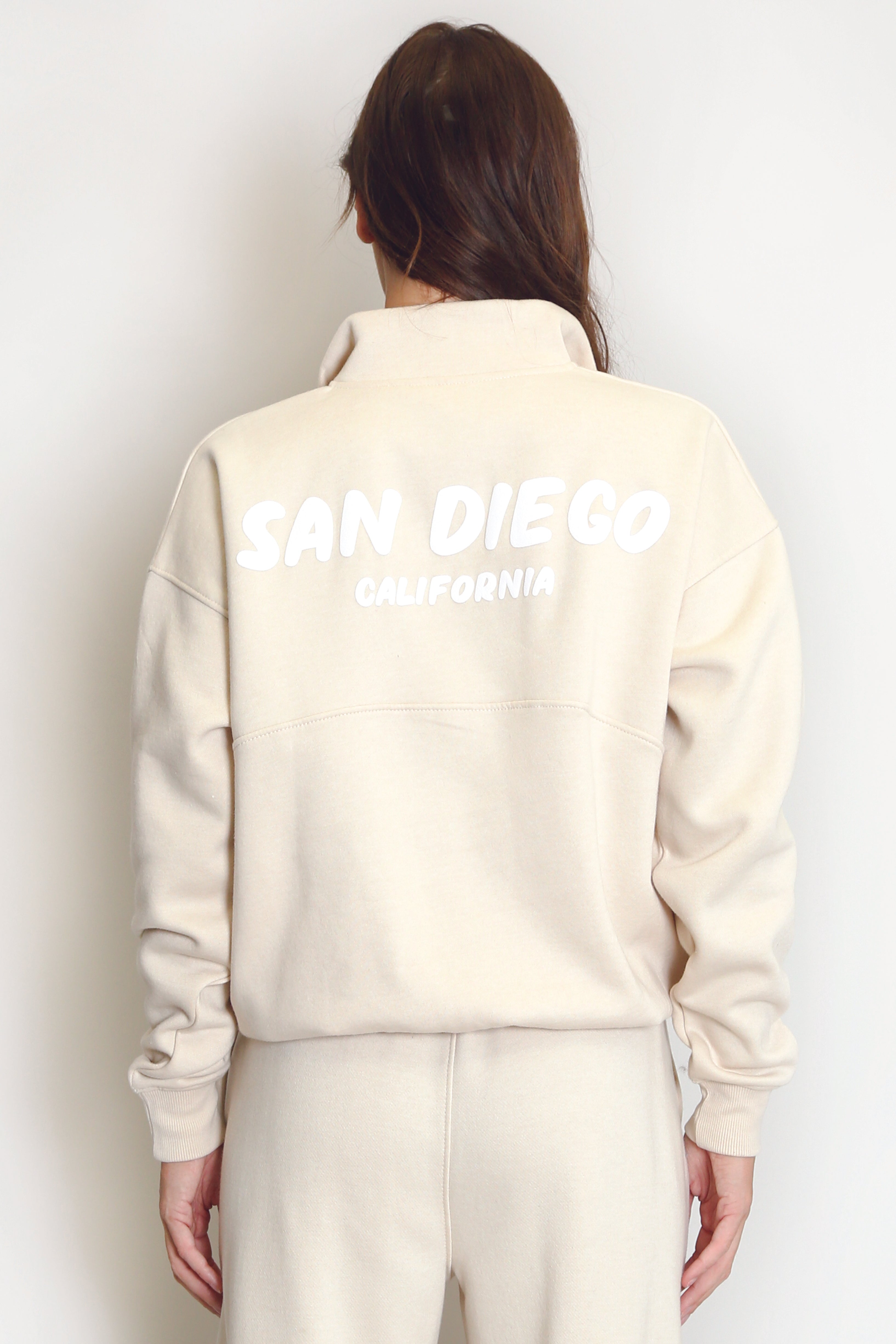 Beige San Diego Bubble Slogan Half Zip Sweatshirt