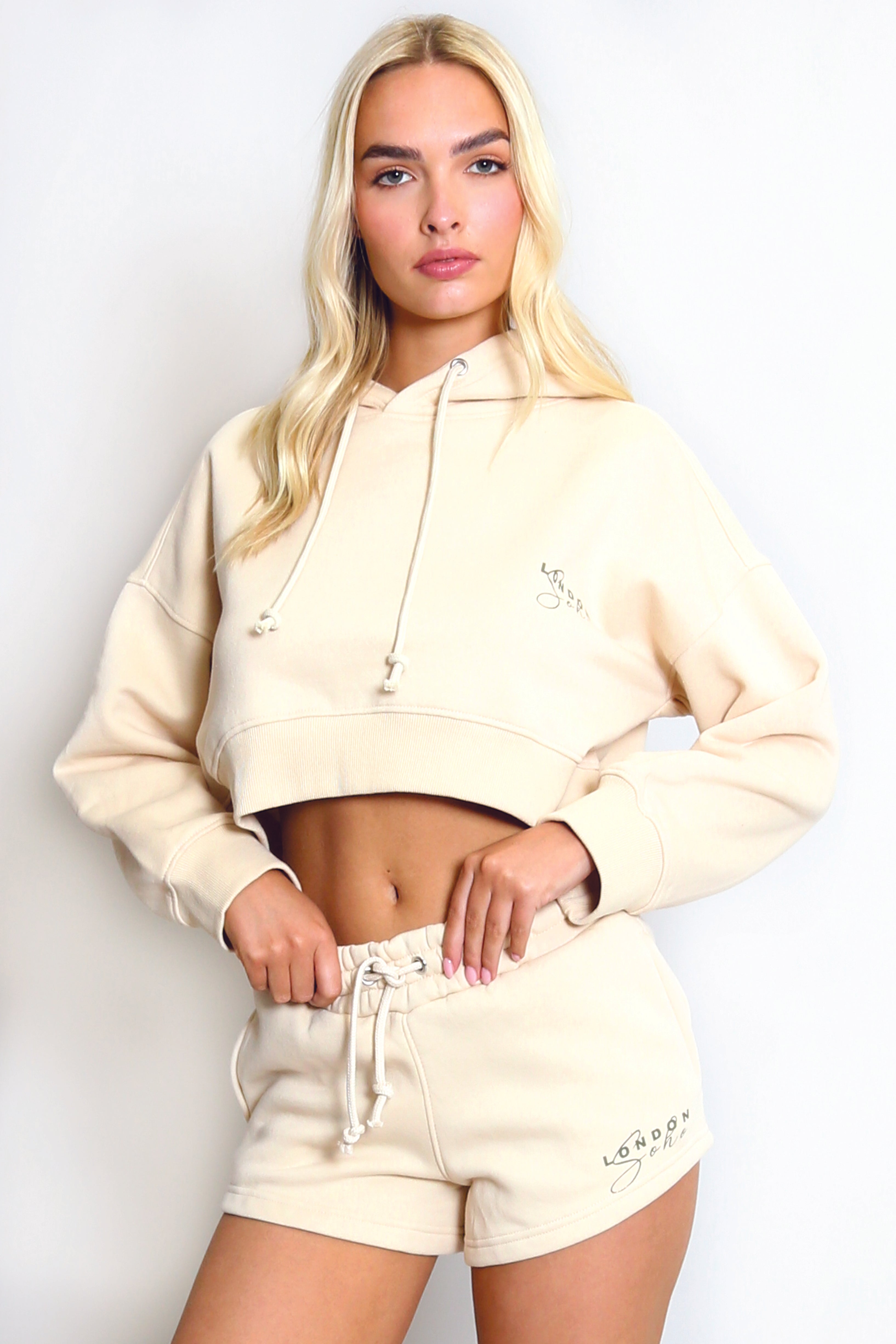 Soho London Cropped Hoodie And Mini Shorts Set In Beige