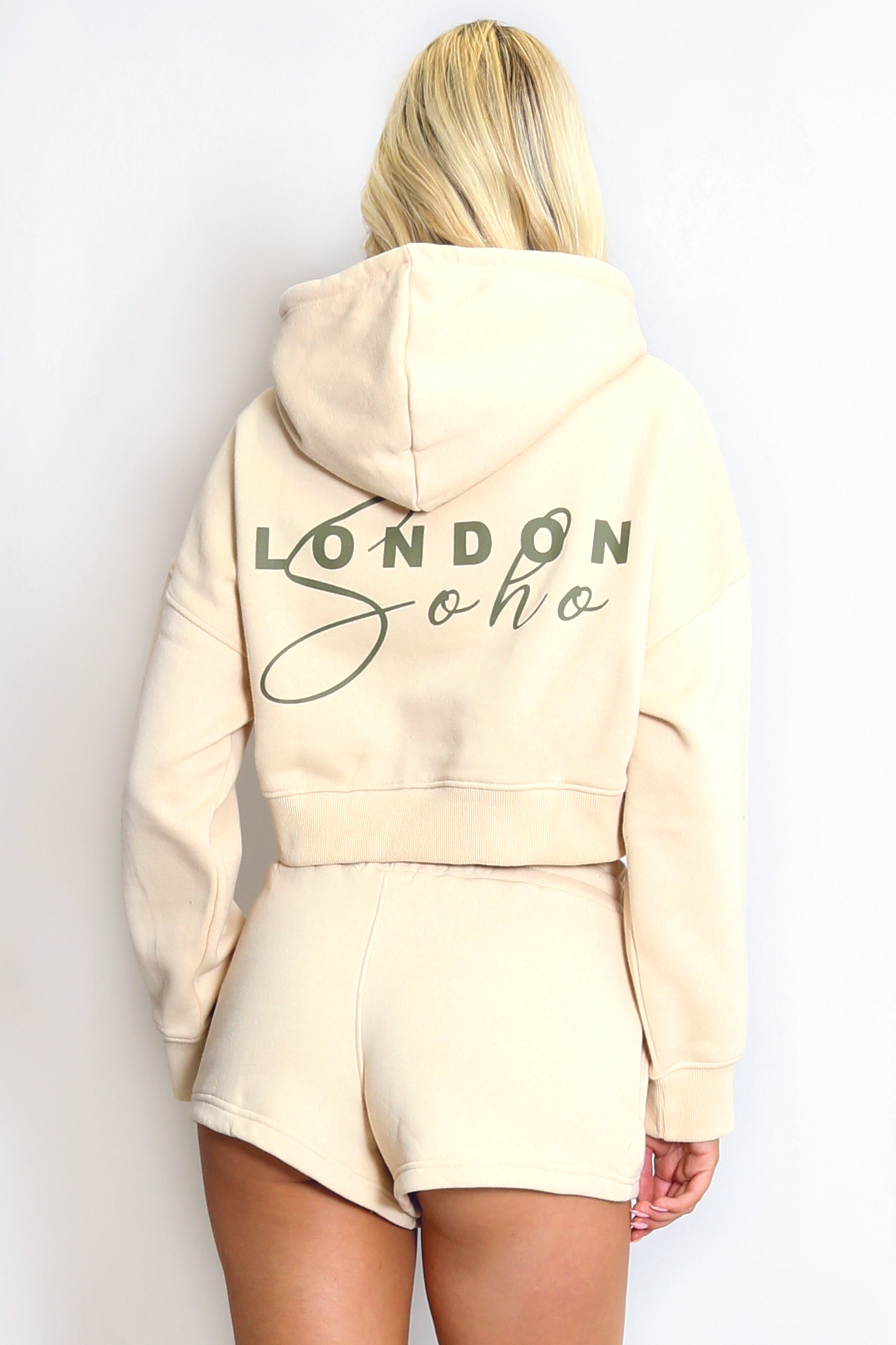 Soho London Cropped Hoodie And Mini Shorts Set In Beige