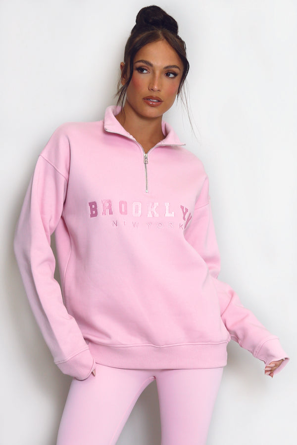 Brooklyn Half Zip Relaxed Fit Sweatshirt in Pink