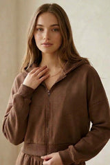 Iconic Cropped Zipper Hoodie In Chocolate