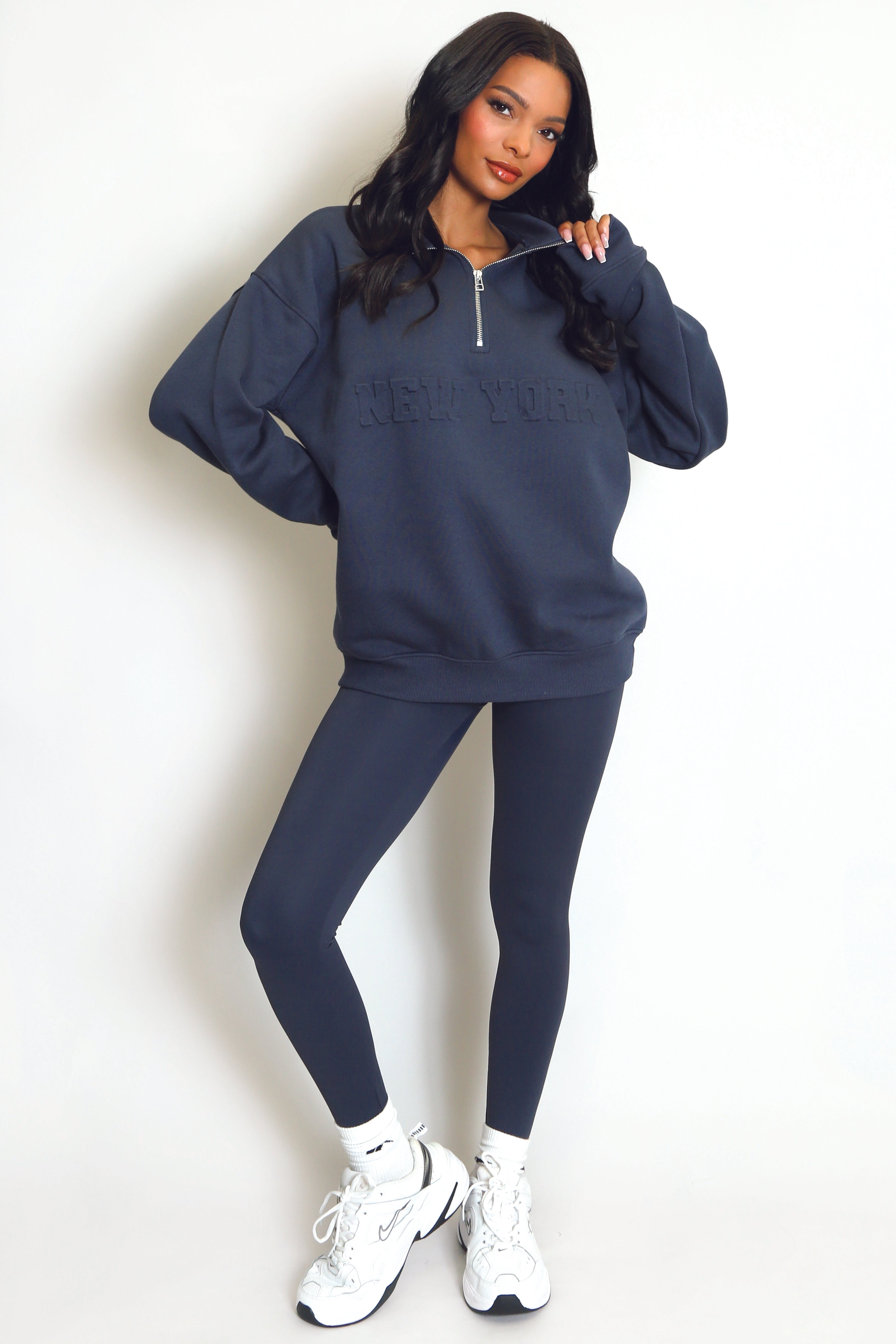 New York Embossed Zip Sweatshirt In Grey