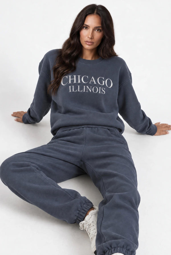 Dark Grey Chicago Round Neck Sweatshirt