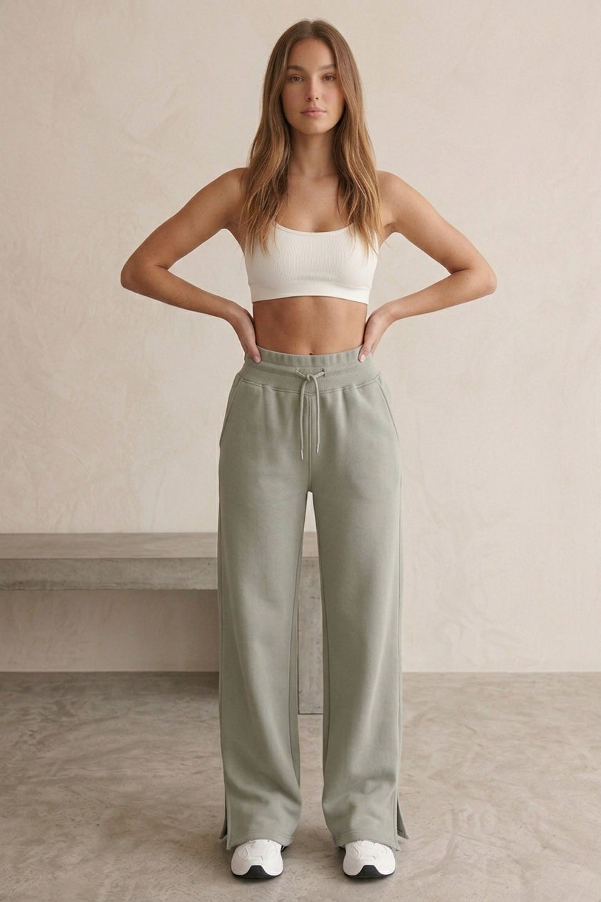 Wide Leg Split Hem Jogger In Sage Green