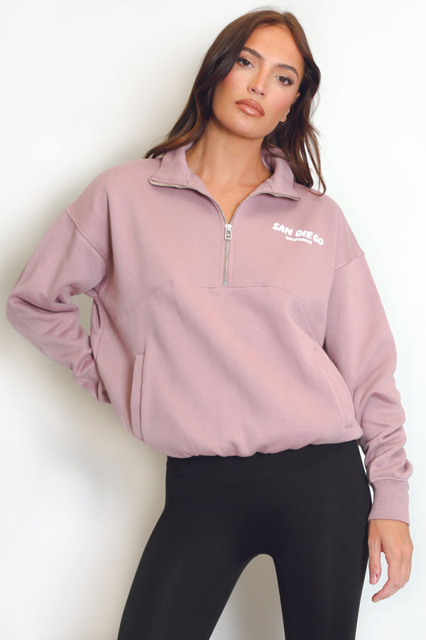 Mauve San Diego Bubble Slogan Half Zip Sweatshirt