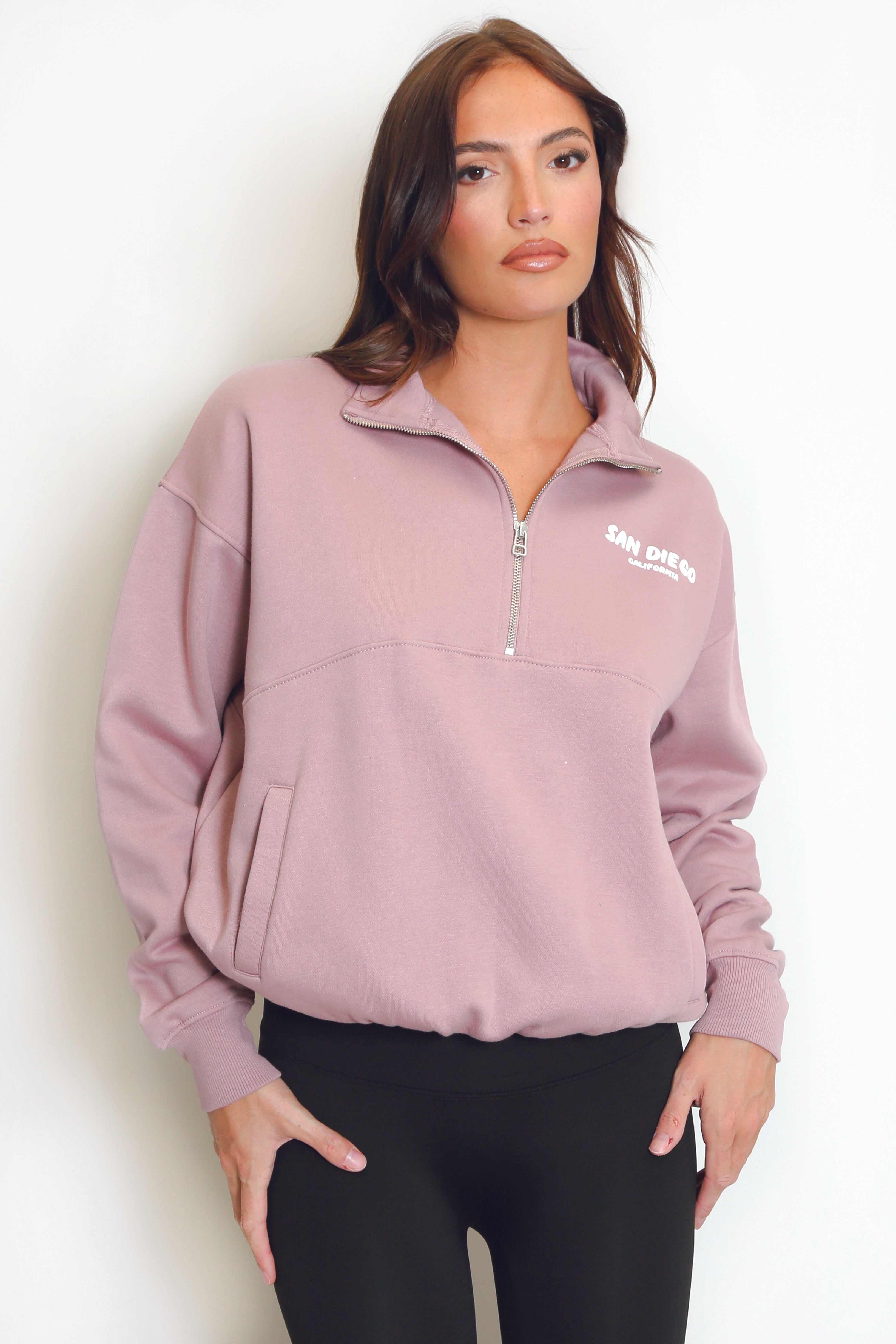 Mauve San Diego Bubble Slogan Half Zip Sweatshirt