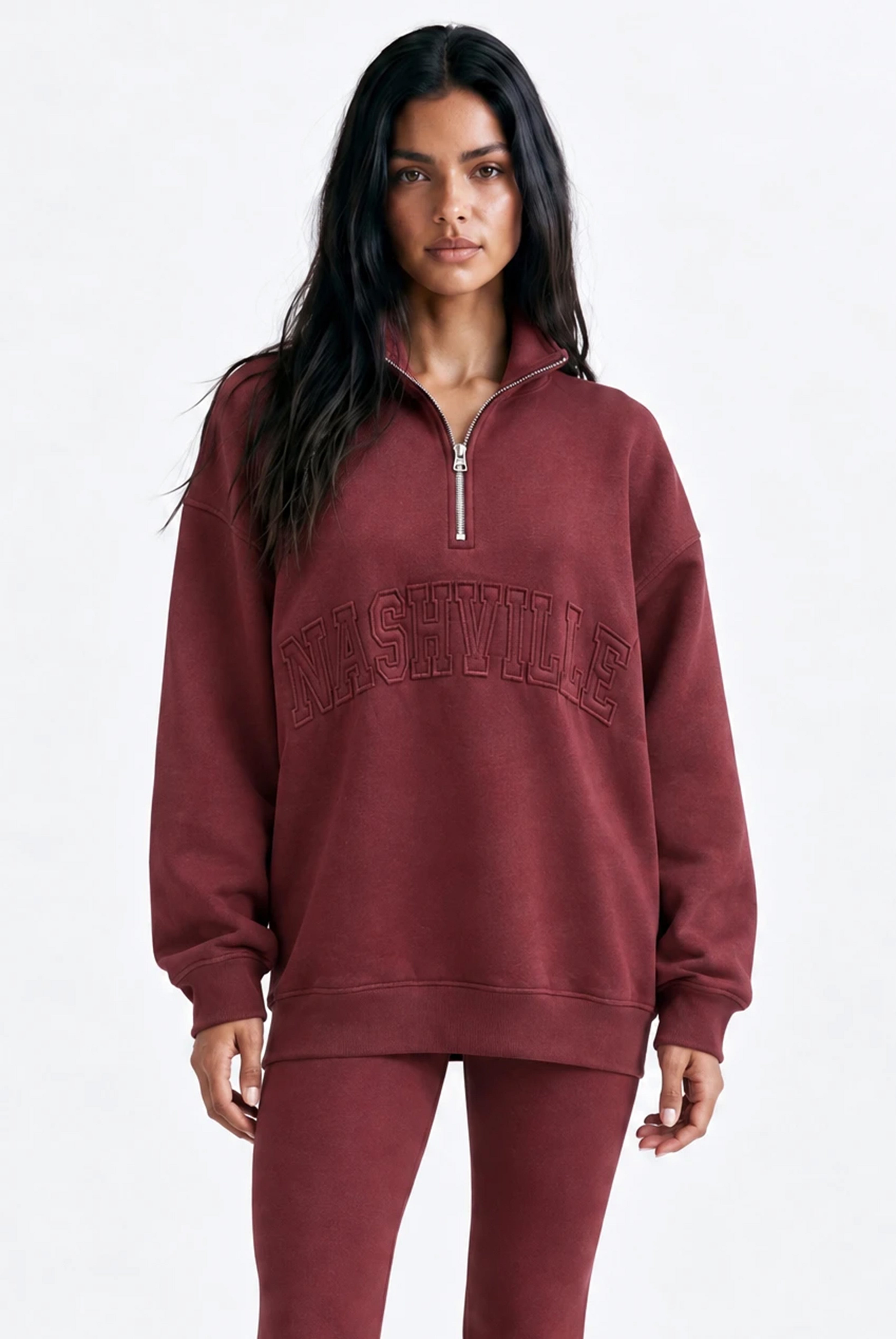 Nashville Half Zip Sweatshirt in Red Mahogany