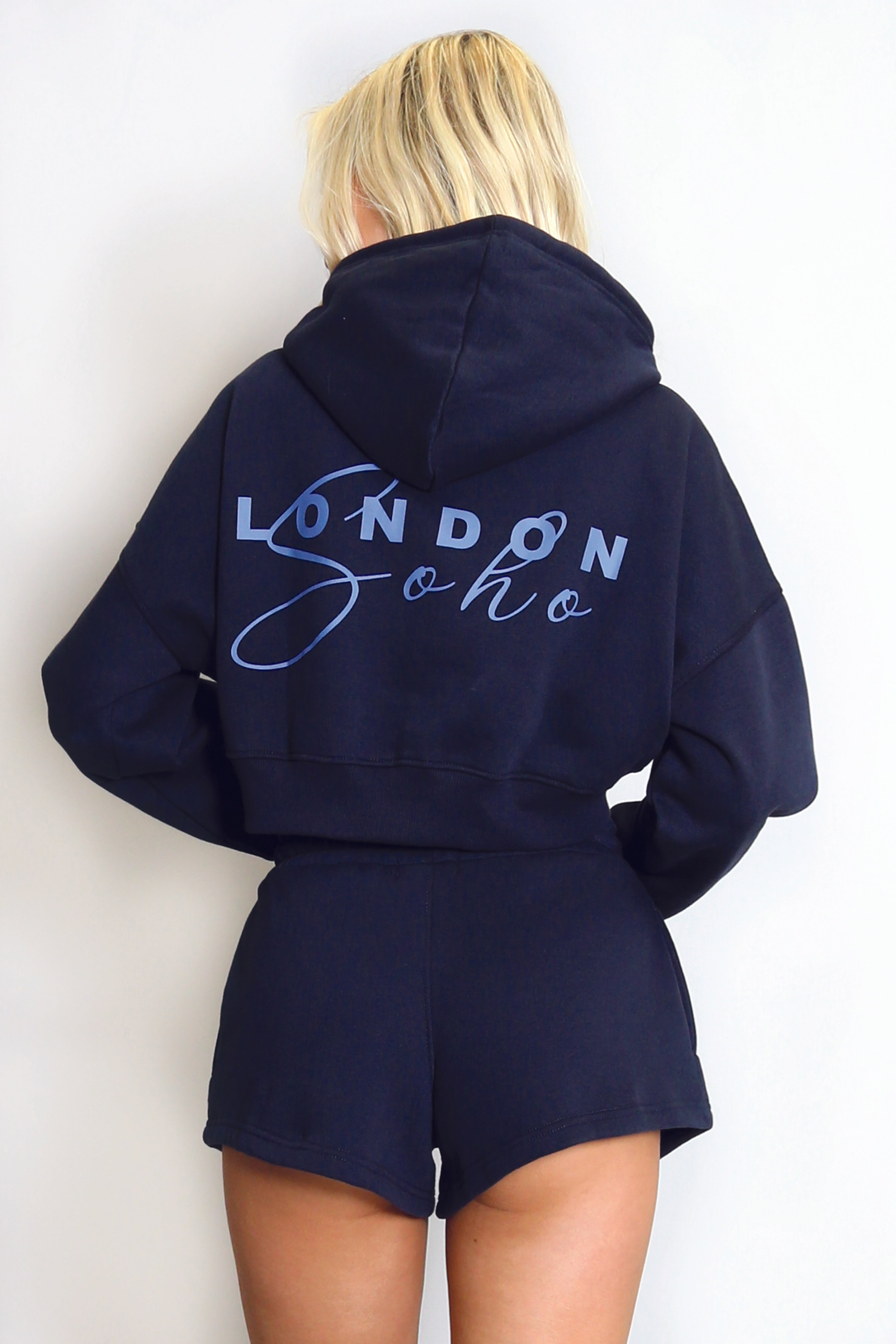 Soho London Cropped Hoodie And Mini Shorts Set In Navy