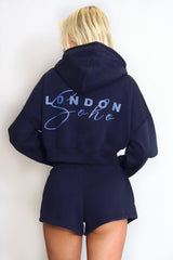 Soho London Cropped Hoodie And Mini Shorts Set In Navy