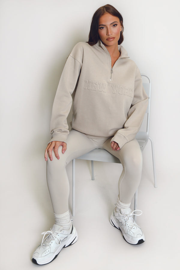 New York Embossed Zip Sweatshirt In Beige