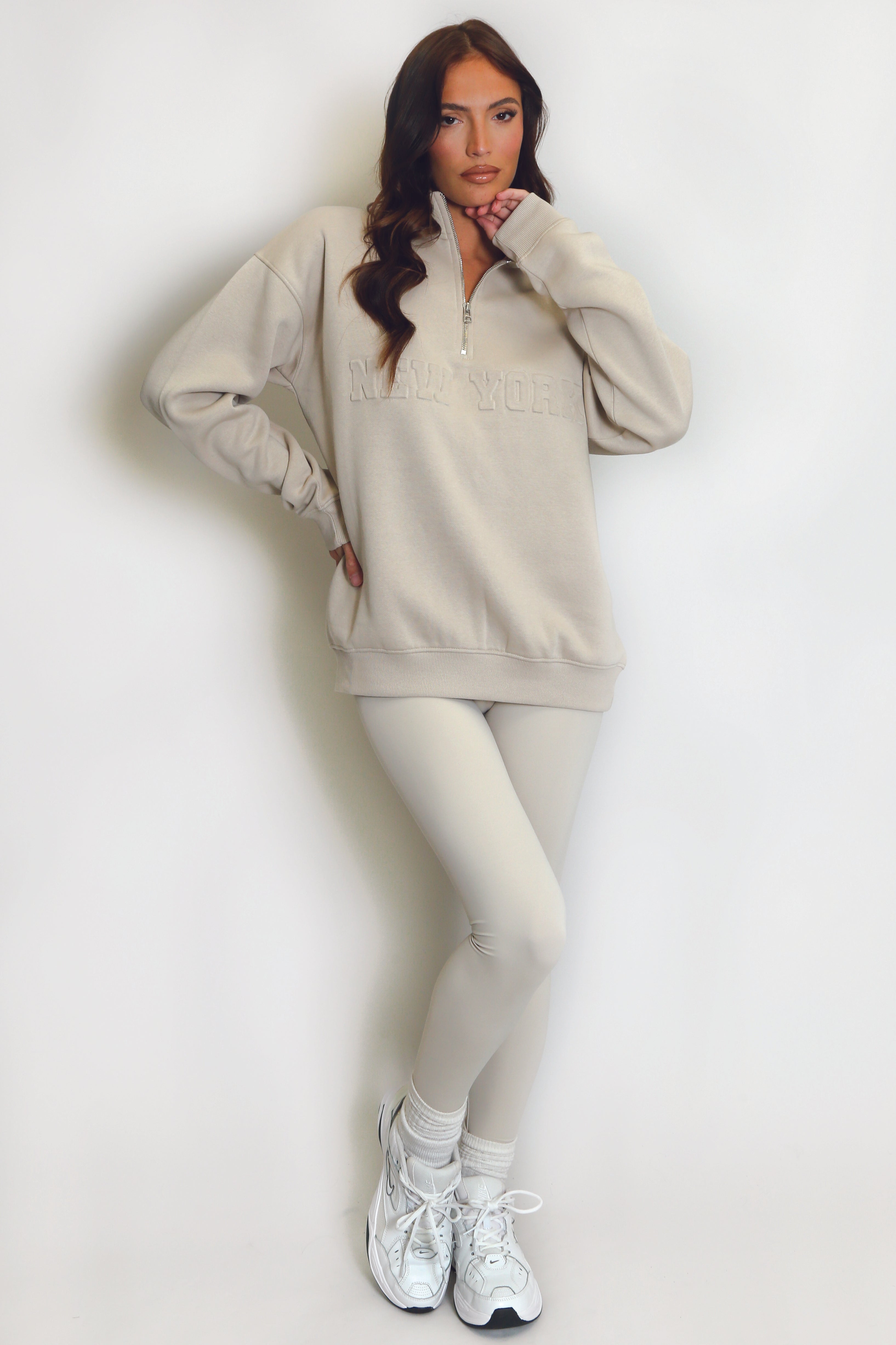 New York Embossed Zip Sweatshirt In Beige