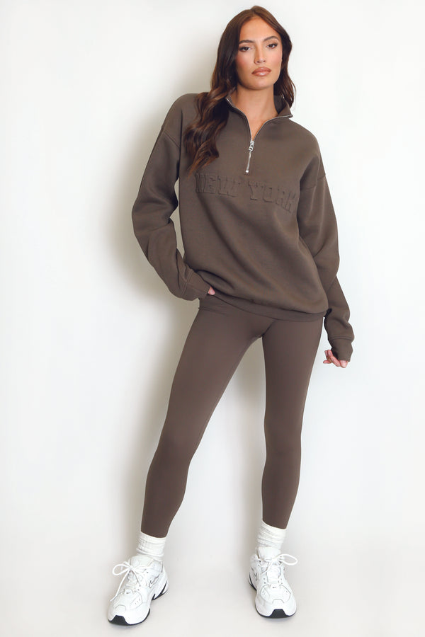 New York Embossed Zip Sweatshirt In Brown