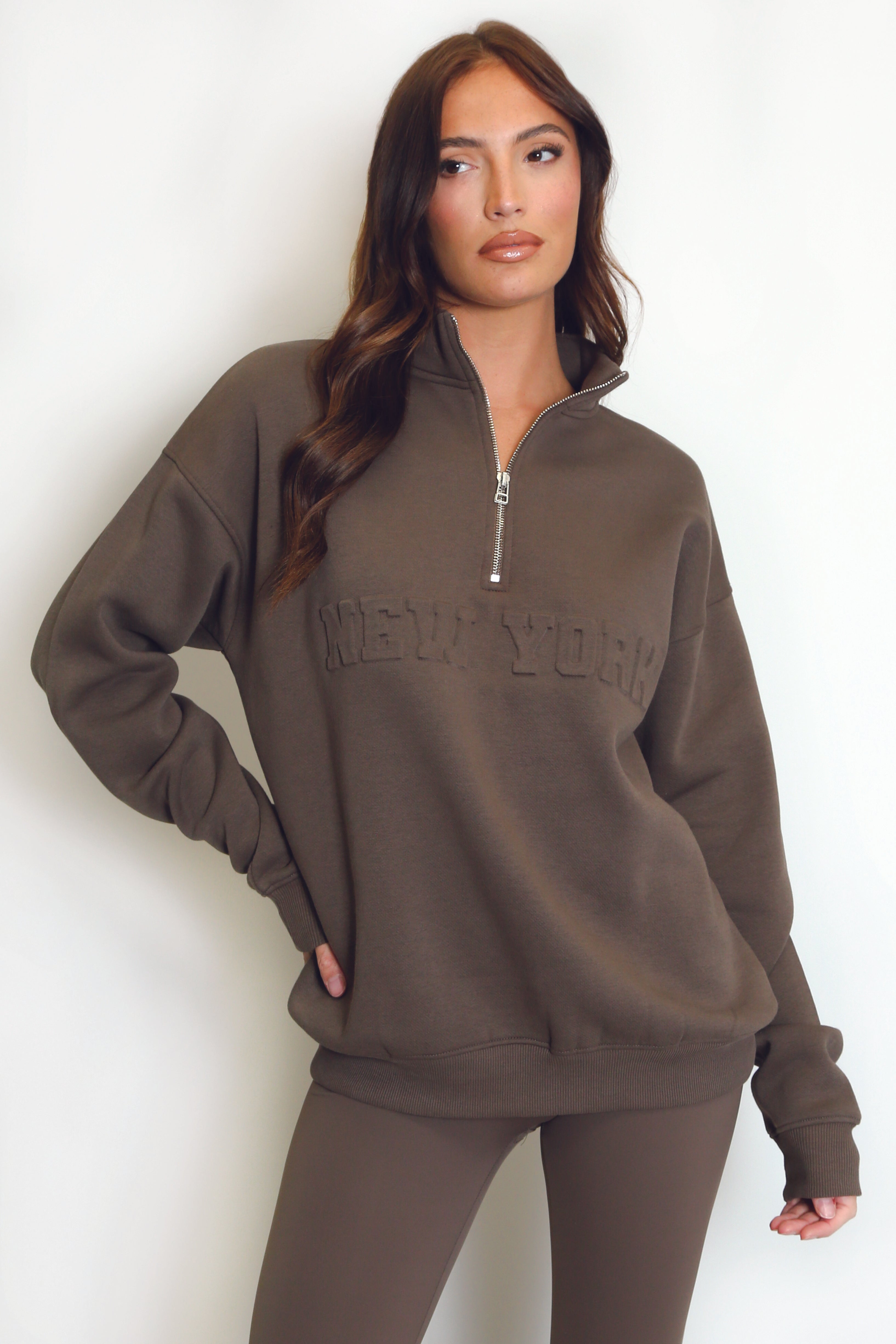 New York Embossed Zip Sweatshirt In Brown