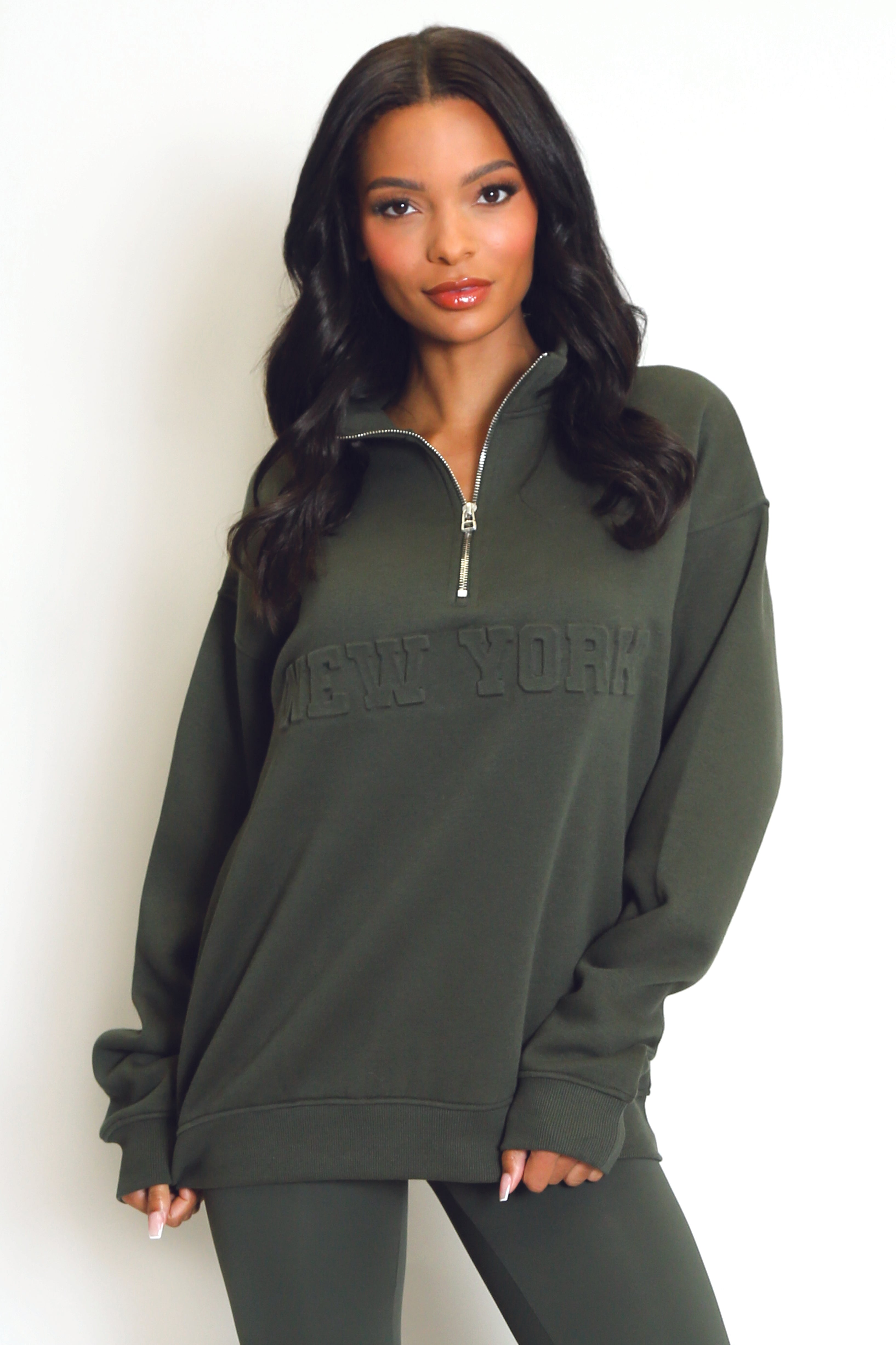 New York Embossed Zip Sweatshirt In Khaki