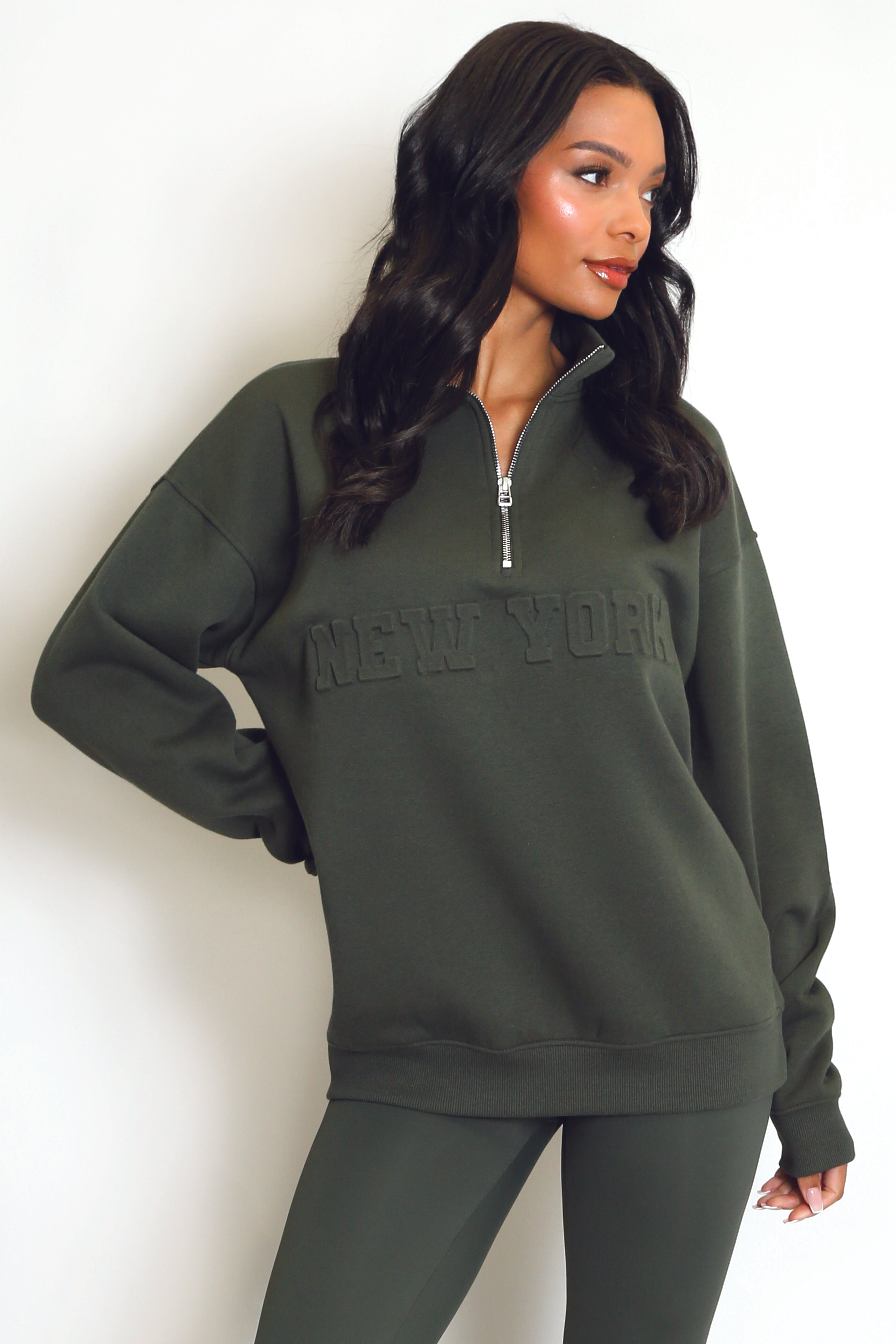 New York Embossed Zip Sweatshirt In Khaki