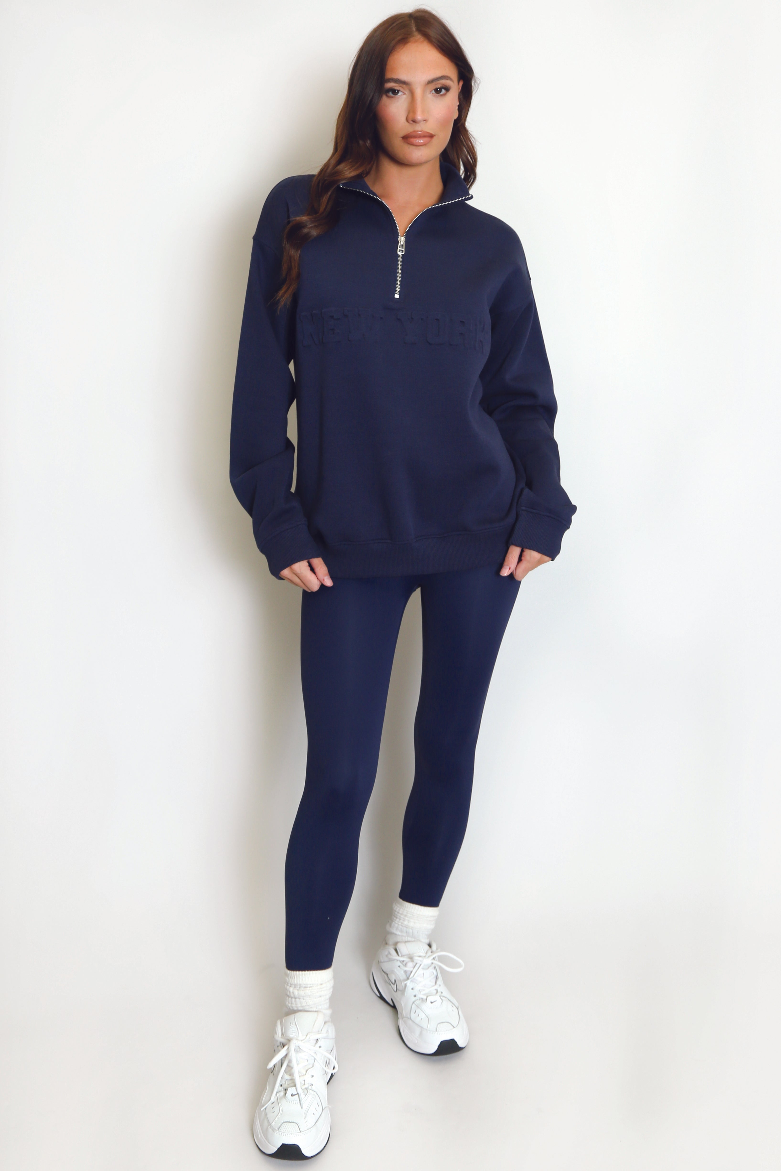 New York Embossed Zip Sweatshirt In Navy